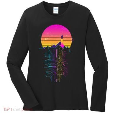Retro 80s Space Shuttle Launch Circuit Mountain Women's Long Sleeve Shirt