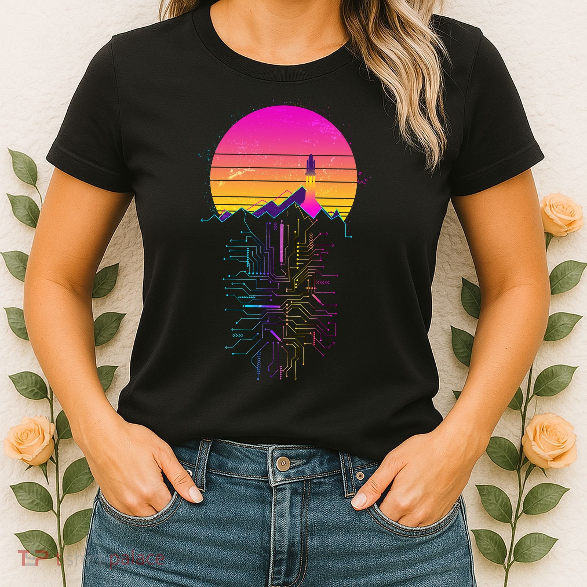 Retro 80s Space Shuttle Launch Circuit Mountain Women's T-Shirt