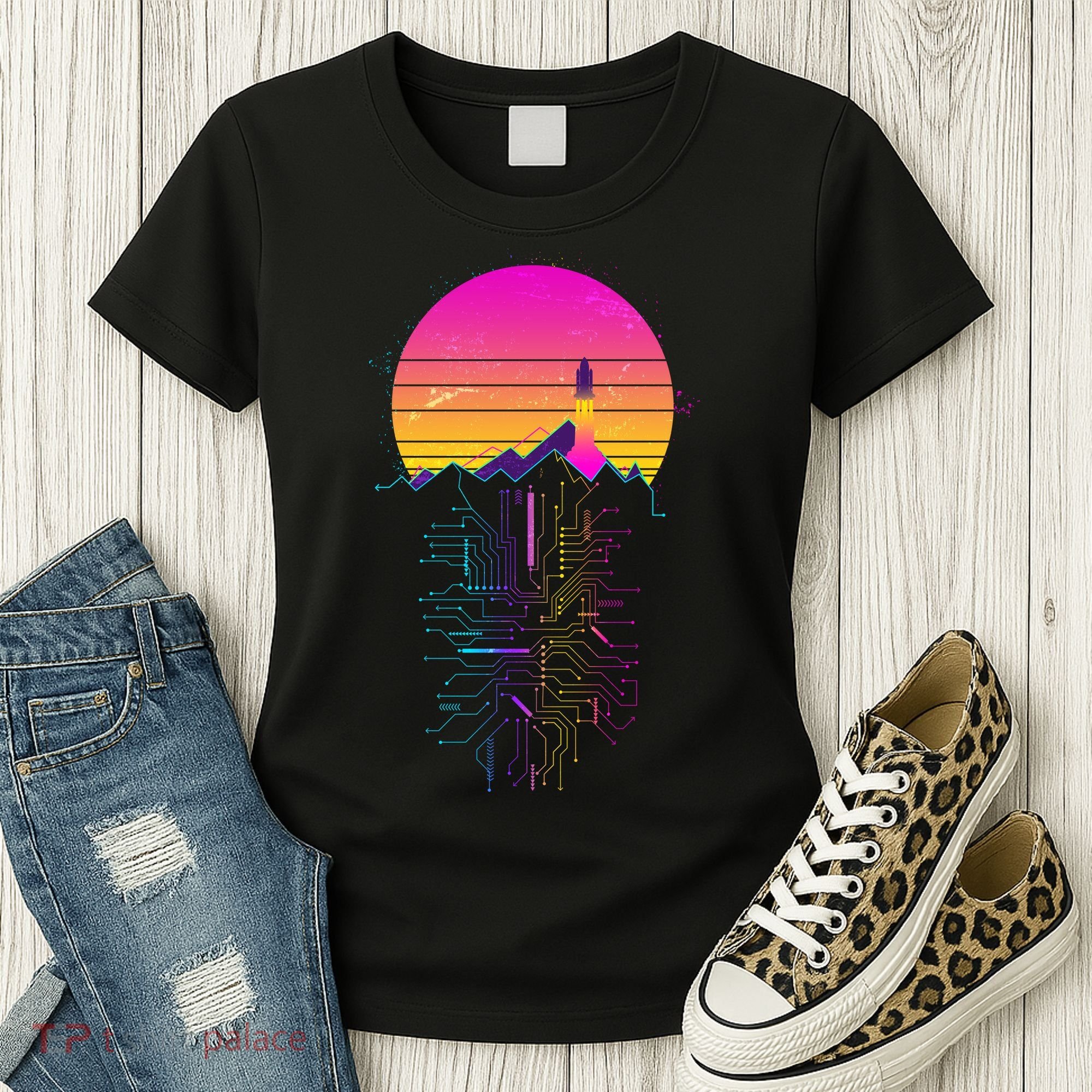 Retro 80s Space Shuttle Launch Circuit Mountain Women's T-Shirt