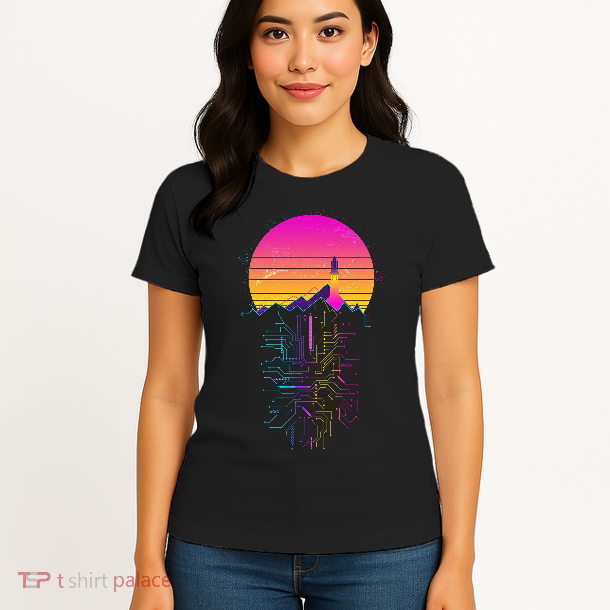 Retro 80s Space Shuttle Launch Circuit Mountain Women's T-Shirt