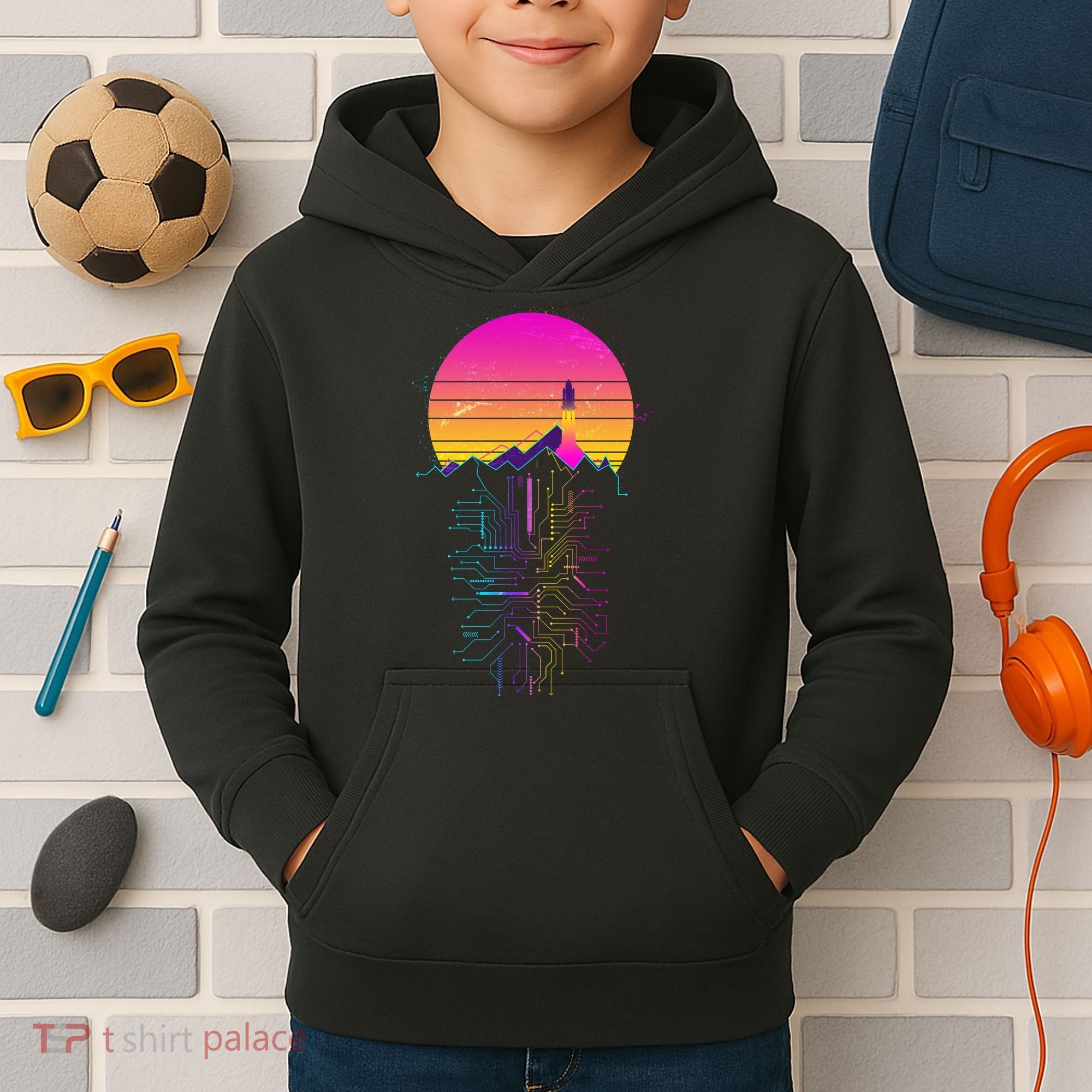 Retro 80s Space Shuttle Launch Circuit Mountain Kids Hoodie