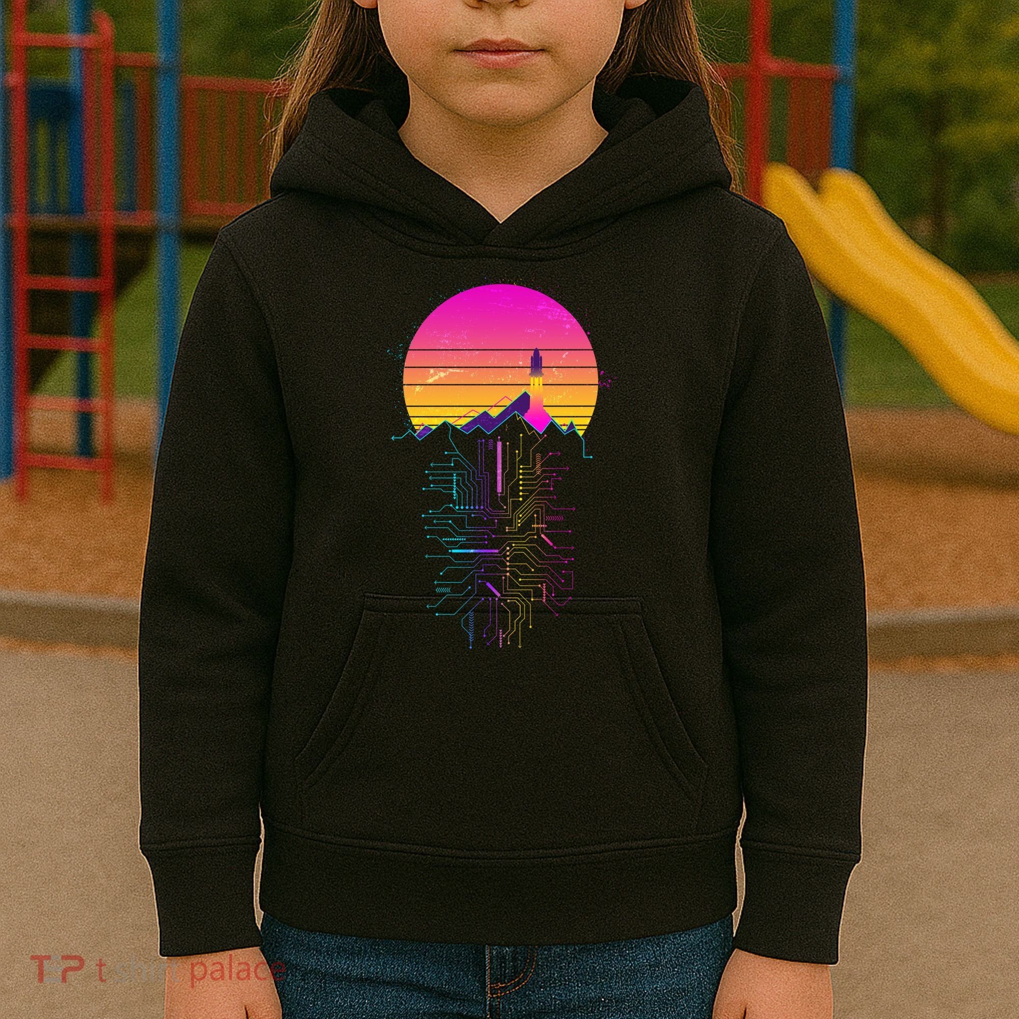 Retro 80s Space Shuttle Launch Circuit Mountain Kids Hoodie