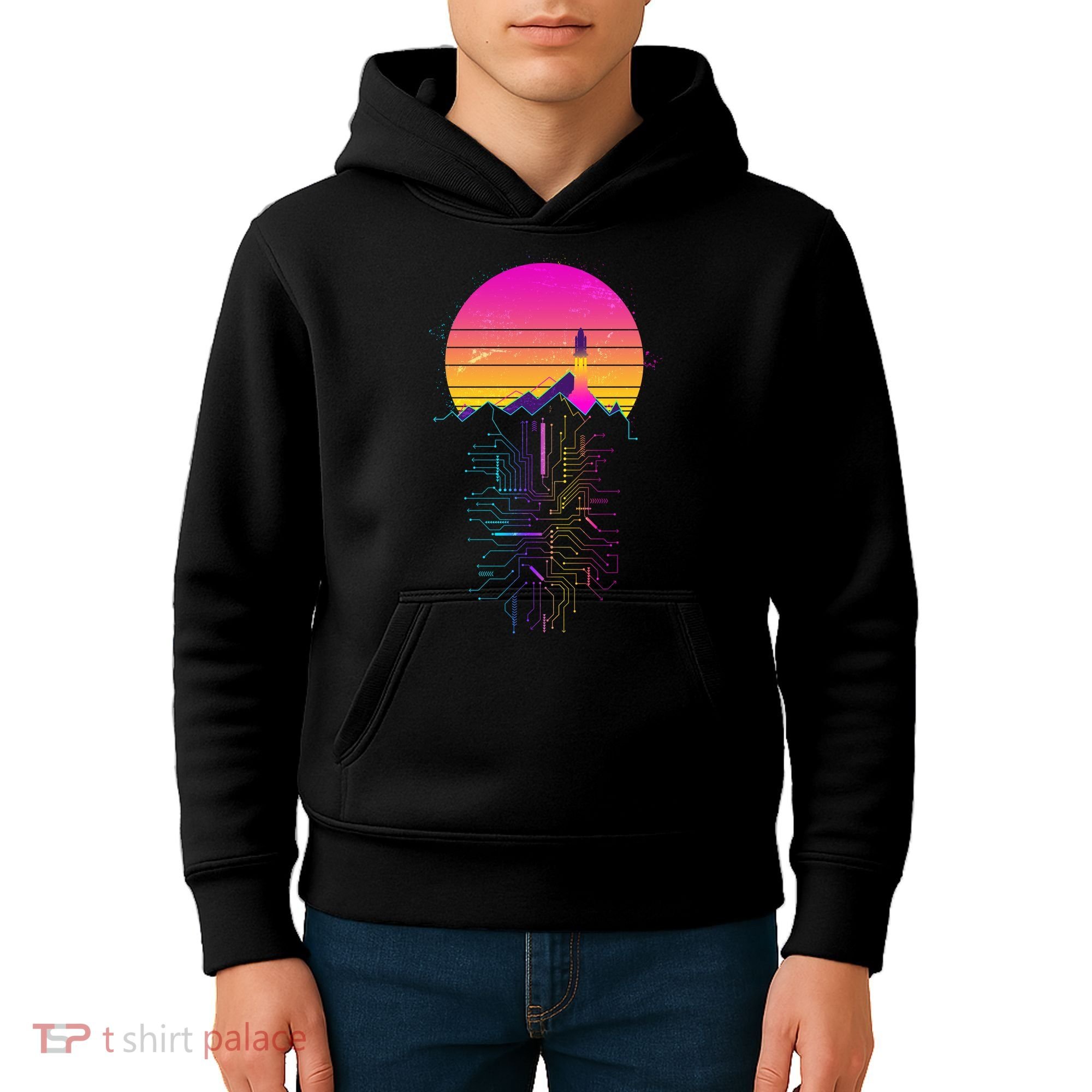 Retro 80s Space Shuttle Launch Circuit Mountain Kids Hoodie
