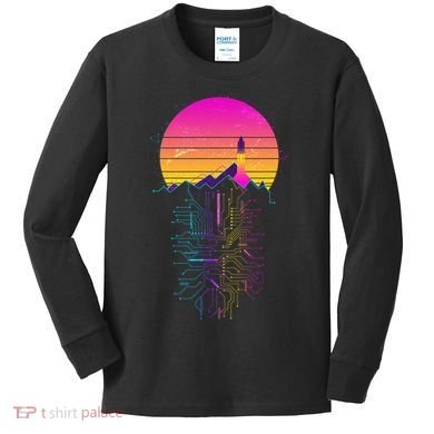 Retro 80s Space Shuttle Launch Circuit Mountain Kids Long Sleeve Shirt