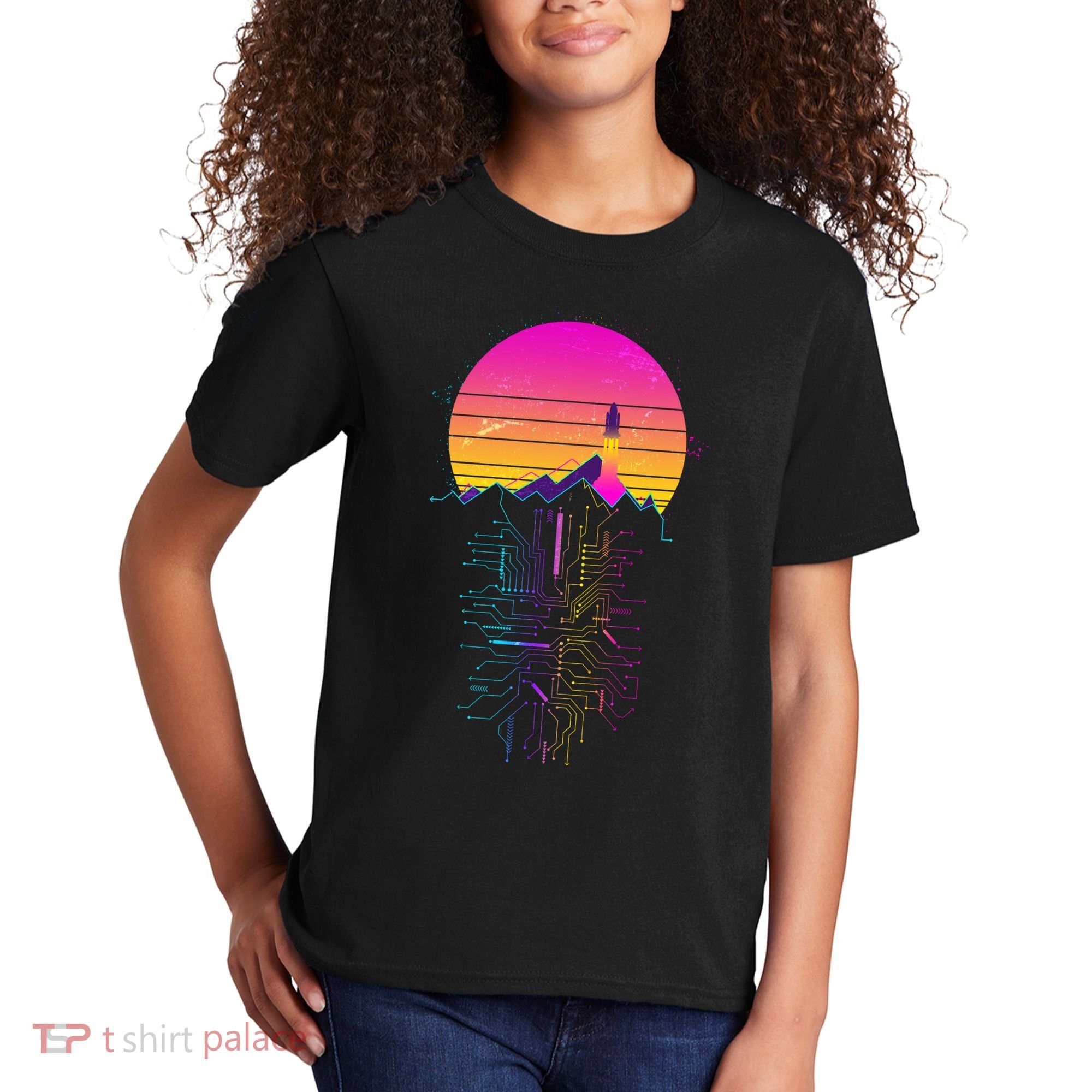 Retro 80s Space Shuttle Launch Circuit Mountain Kids T-Shirt