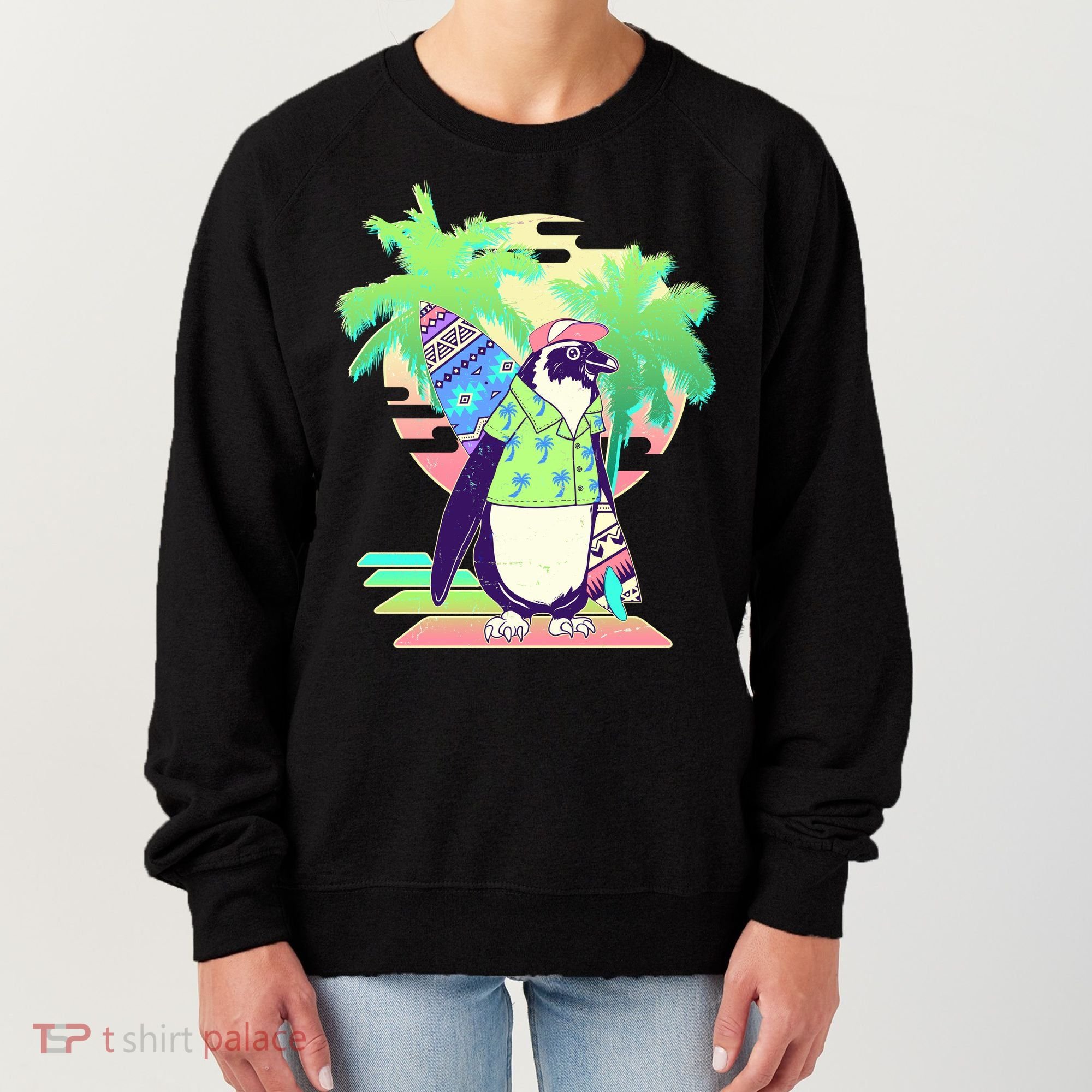 Retro 80's Tropical Surfer Penguin Women's Sweatshirt