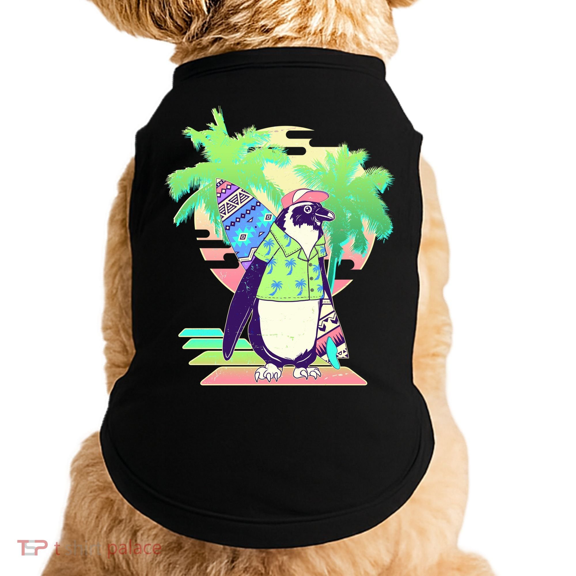 Retro 80's Tropical Surfer Penguin Doggie Tank
