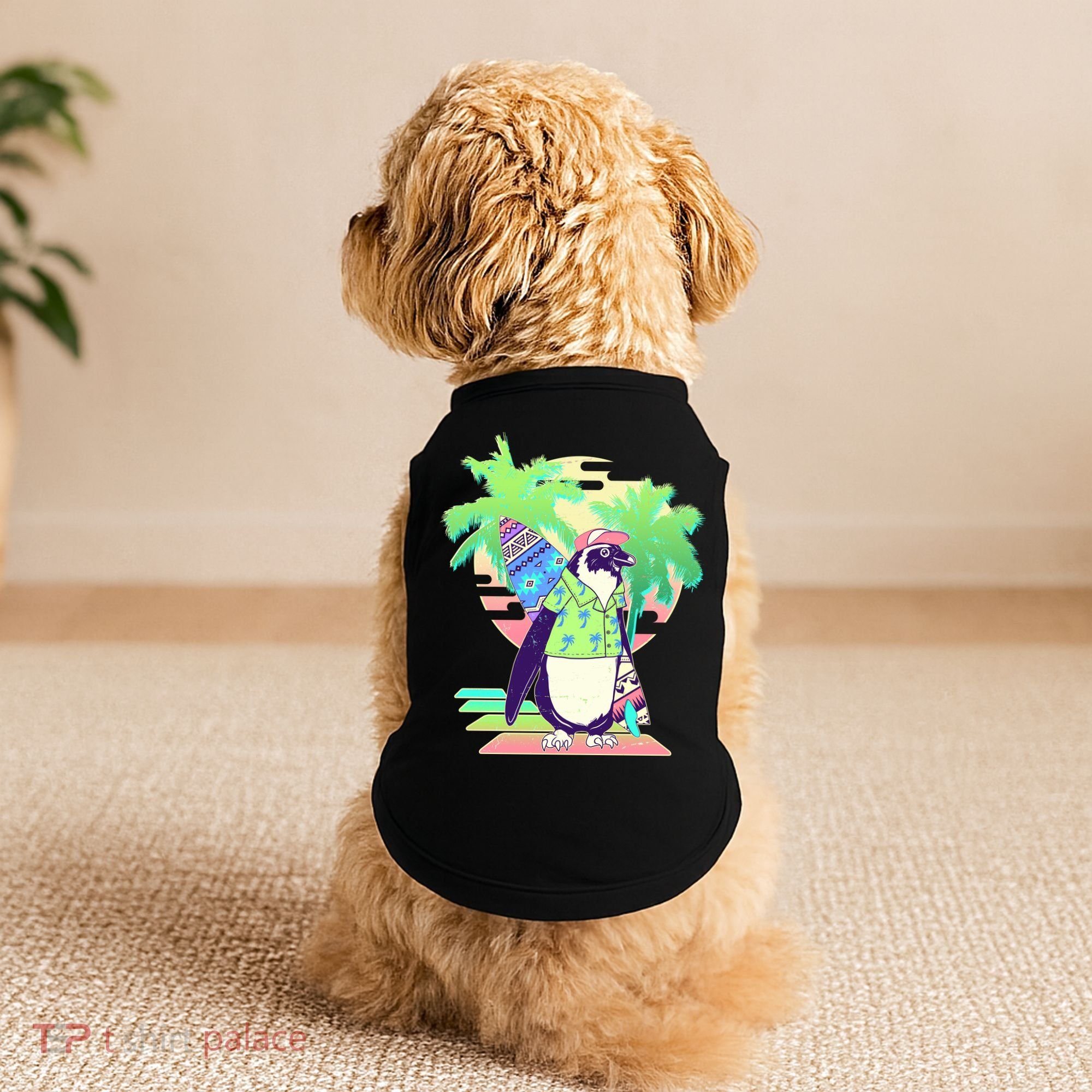Retro 80's Tropical Surfer Penguin Doggie Tank
