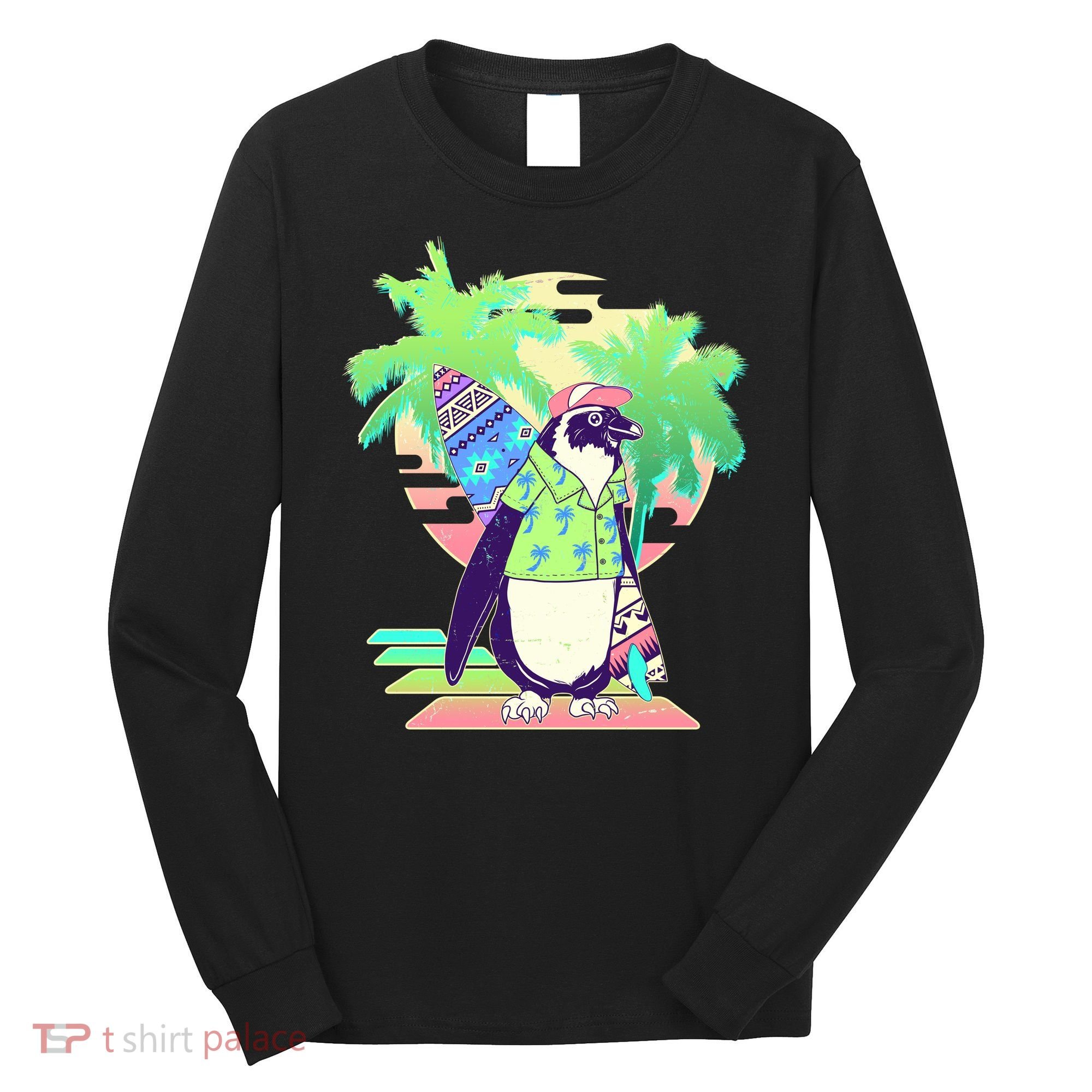 Retro 80's Tropical Surfer Penguin Long Sleeve Shirt