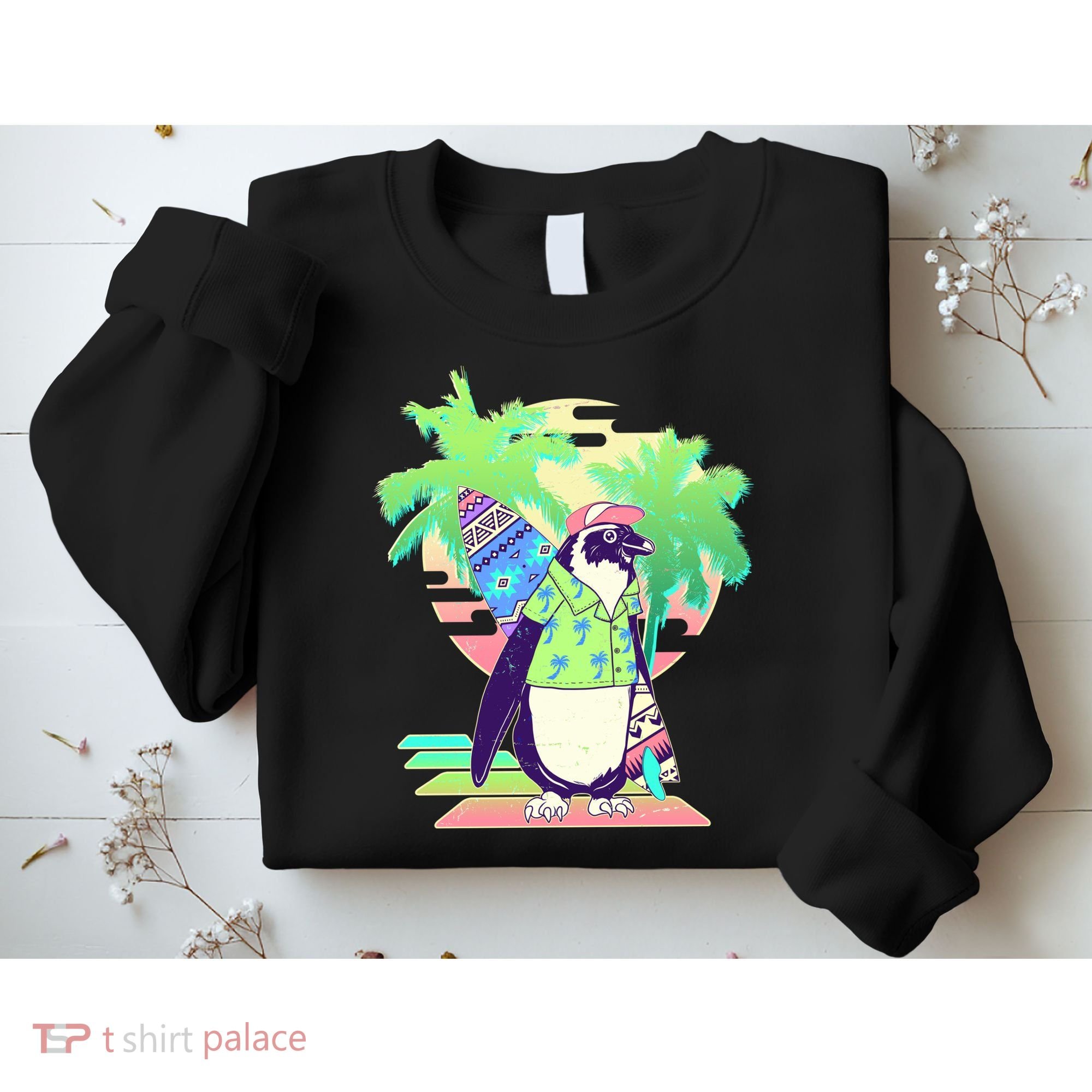 Retro 80's Tropical Surfer Penguin Sweatshirt