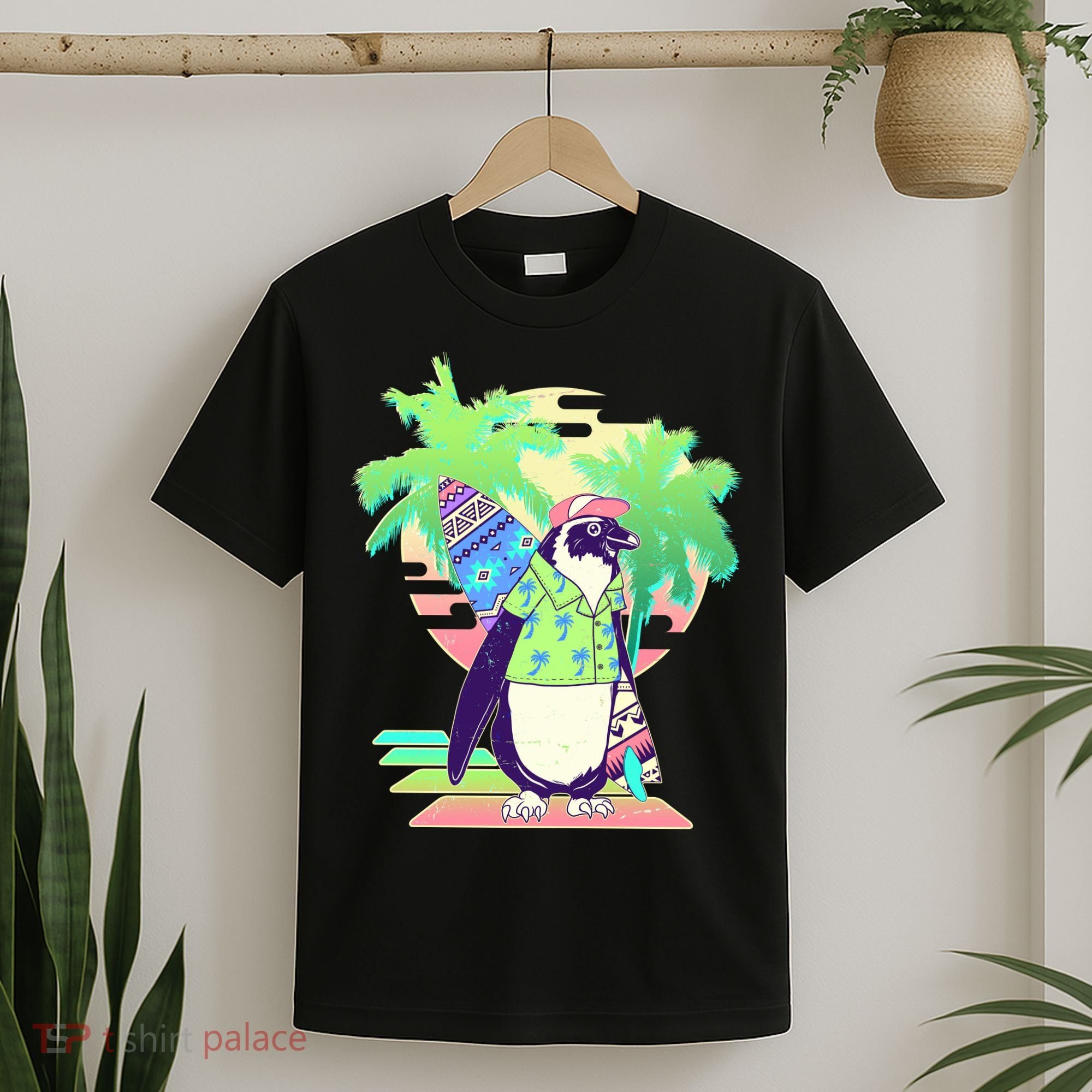 Retro 80's Tropical Surfer Penguin T-Shirt