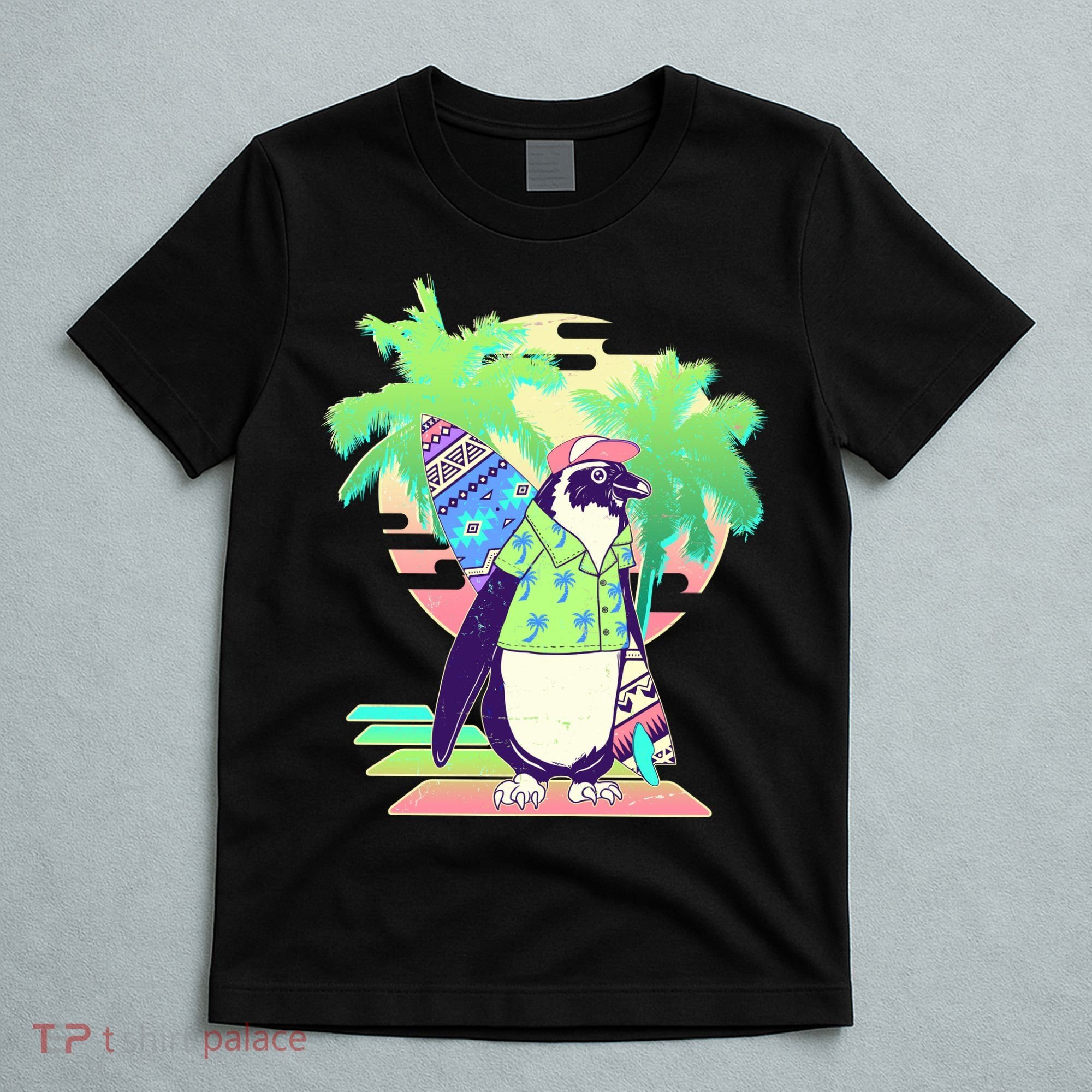 Retro 80's Tropical Surfer Penguin T-Shirt