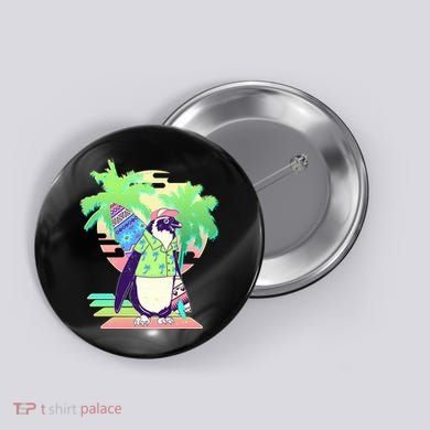 Retro 80's Tropical Surfer Penguin Button
