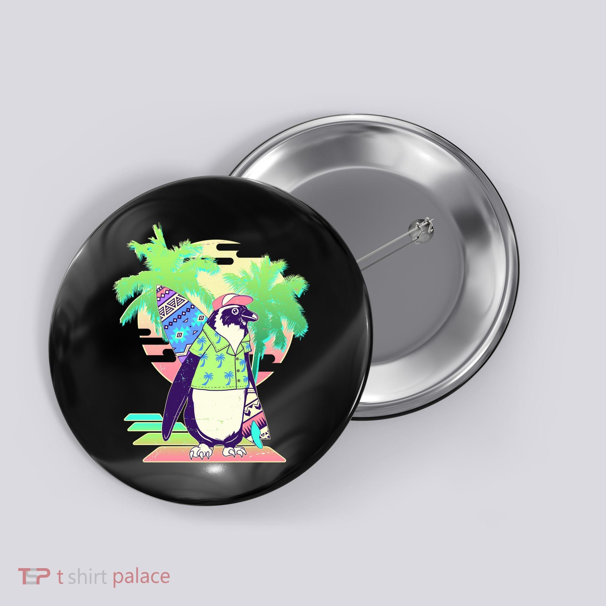 Retro 80's Tropical Surfer Penguin Button