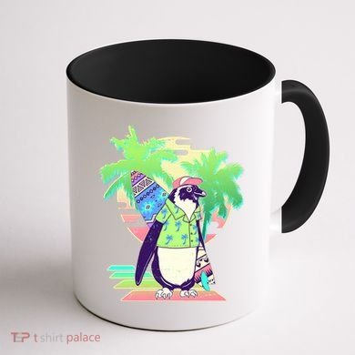 Retro 80's Tropical Surfer Penguin Coffee Mug back