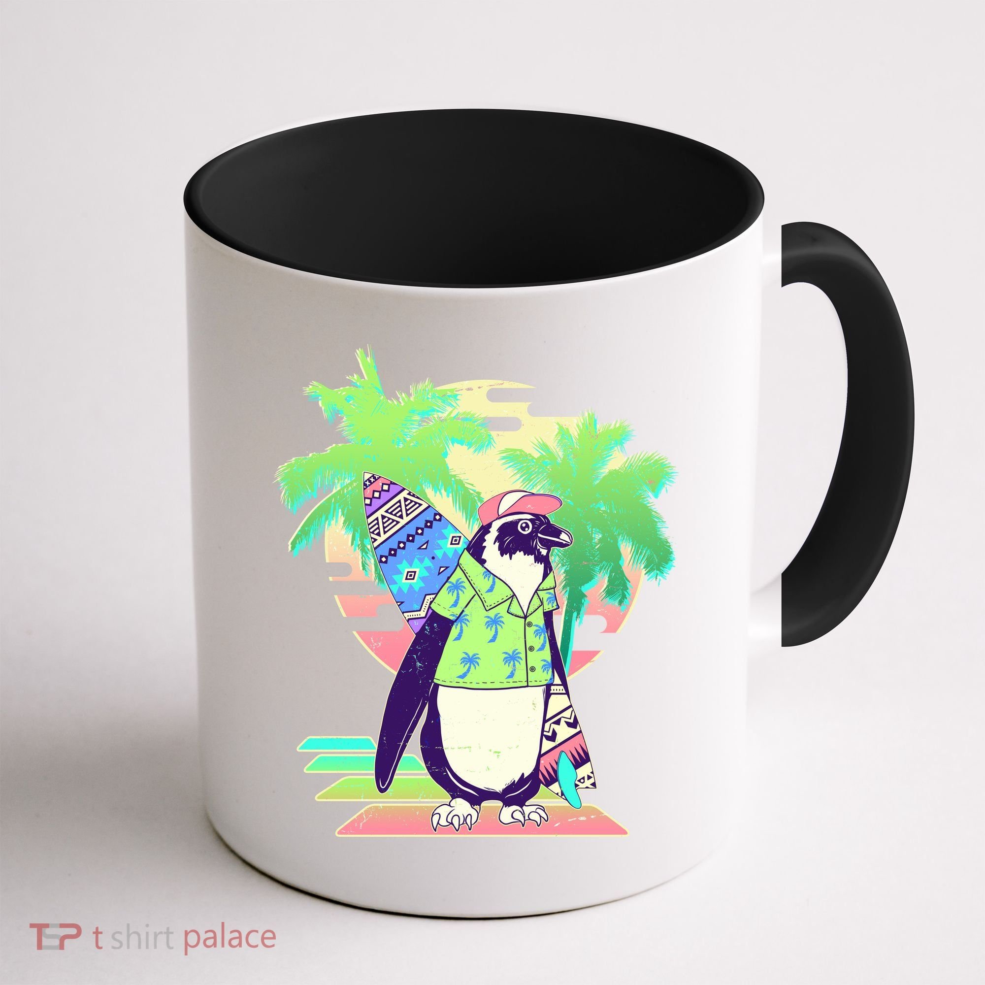 Retro 80's Tropical Surfer Penguin Coffee Mug