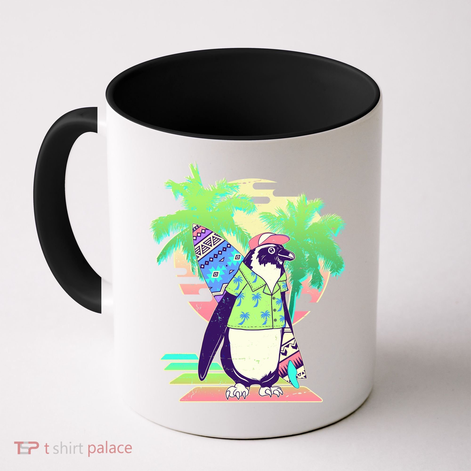 Retro 80's Tropical Surfer Penguin Coffee Mug
