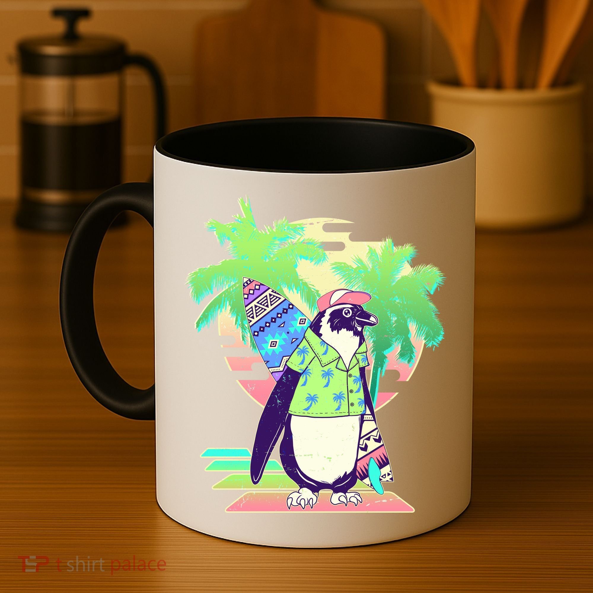 Retro 80's Tropical Surfer Penguin Coffee Mug