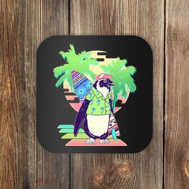 Retro 80's Tropical Surfer Penguin Coaster
