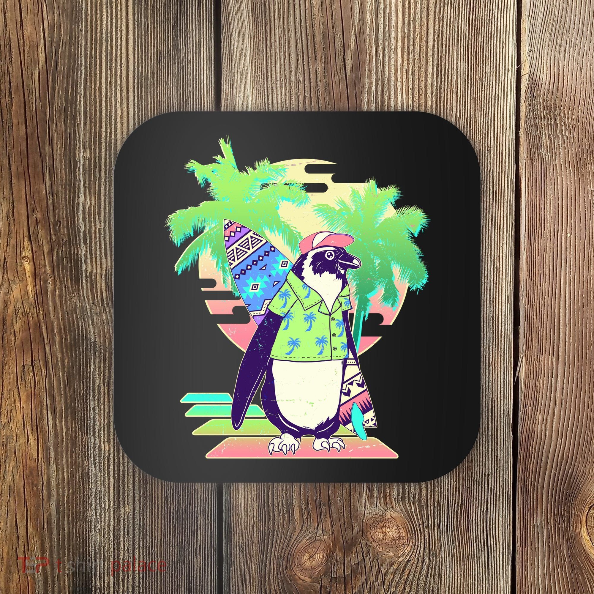 Retro 80's Tropical Surfer Penguin Coaster
