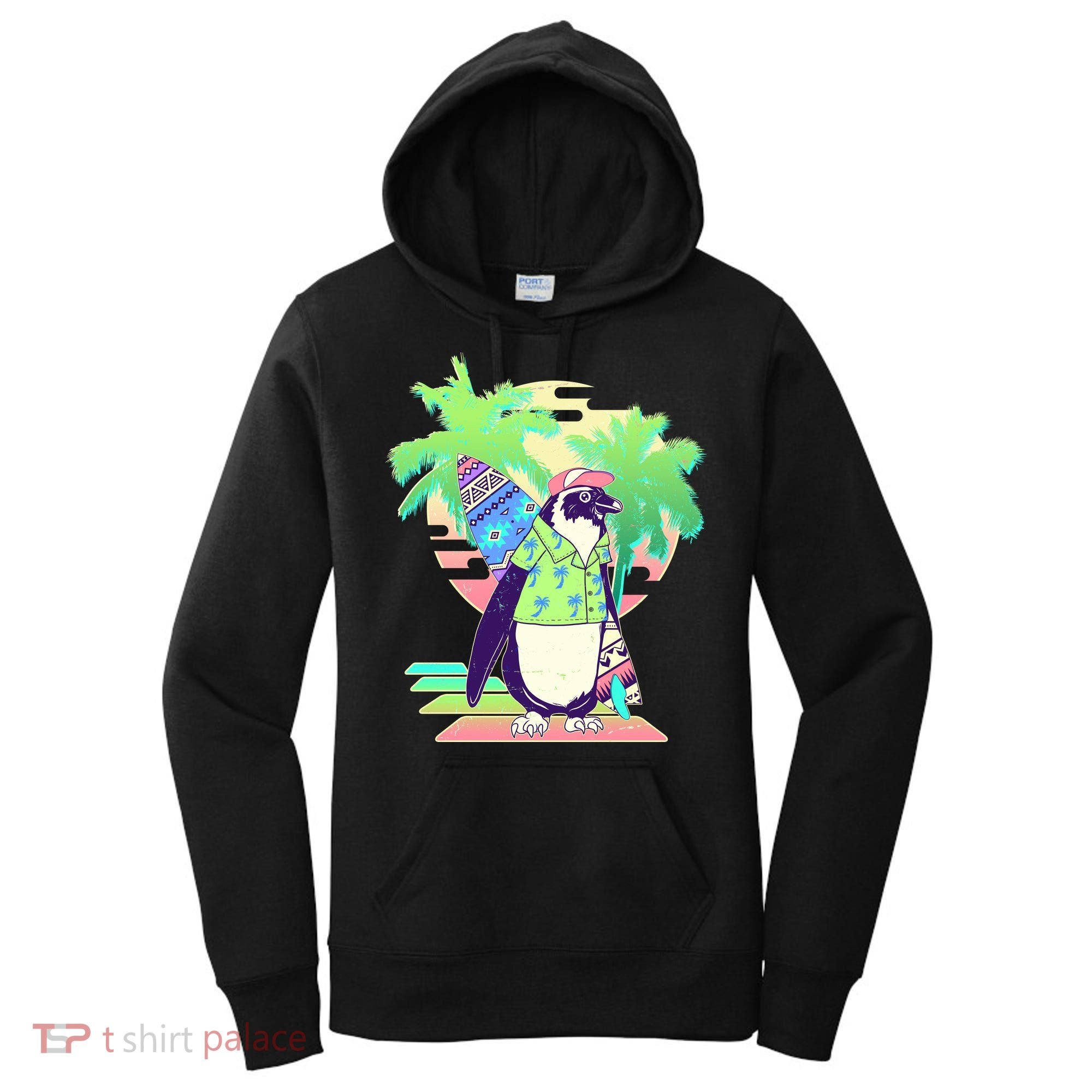 Retro 80's Tropical Surfer Penguin Women's Hoodie