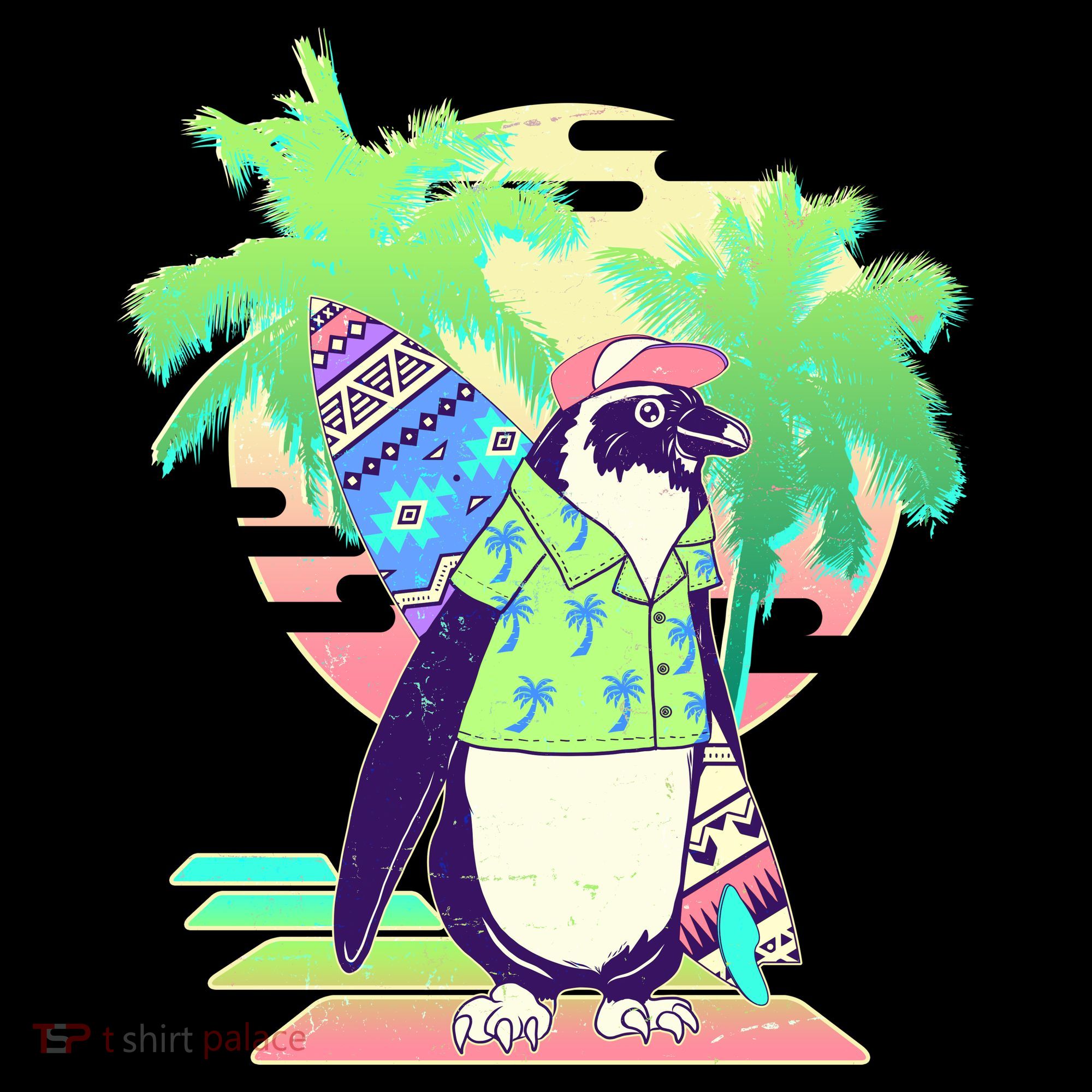 Retro 80's Tropical Surfer Penguin Women's Hoodie