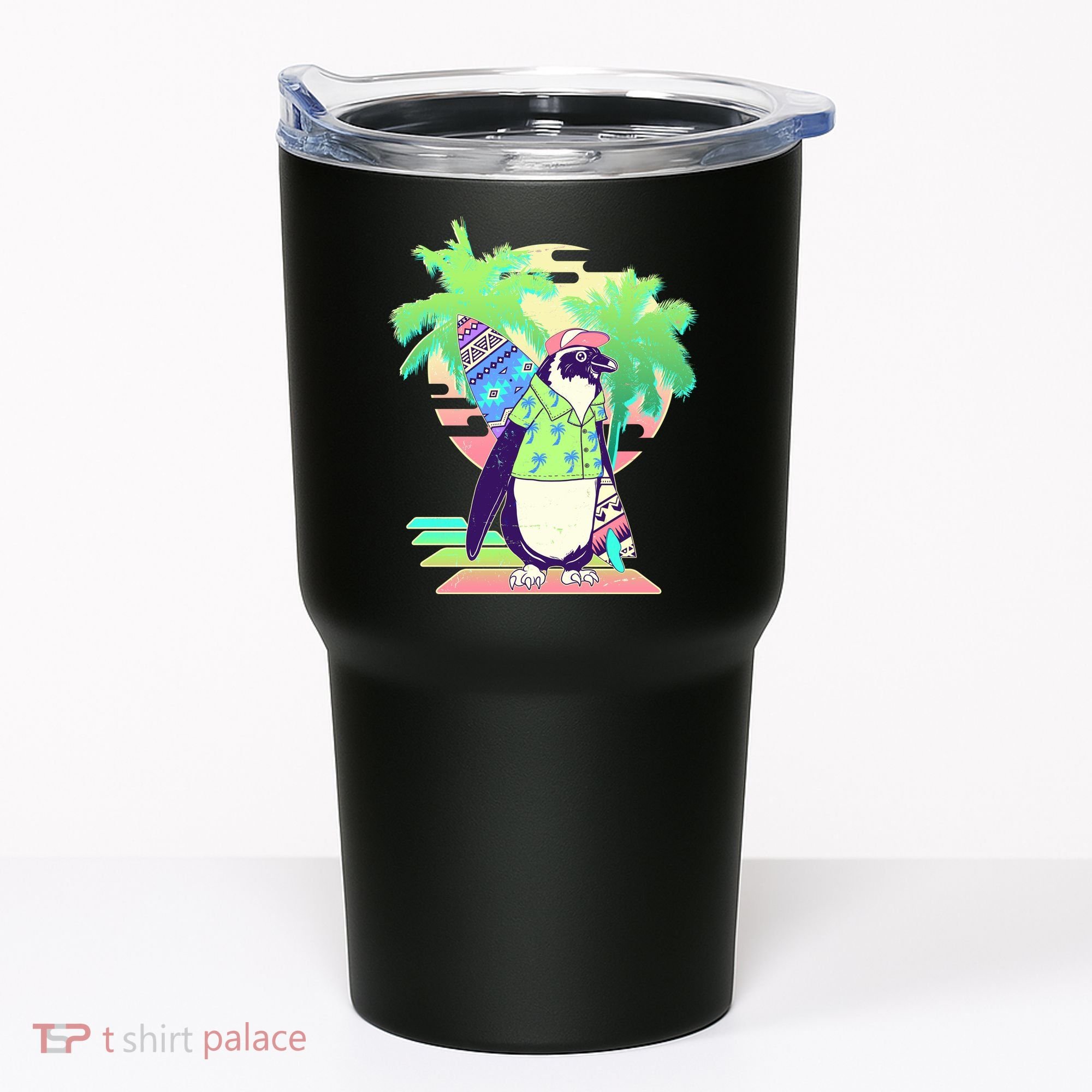 Retro 80's Tropical Surfer Penguin Tumbler