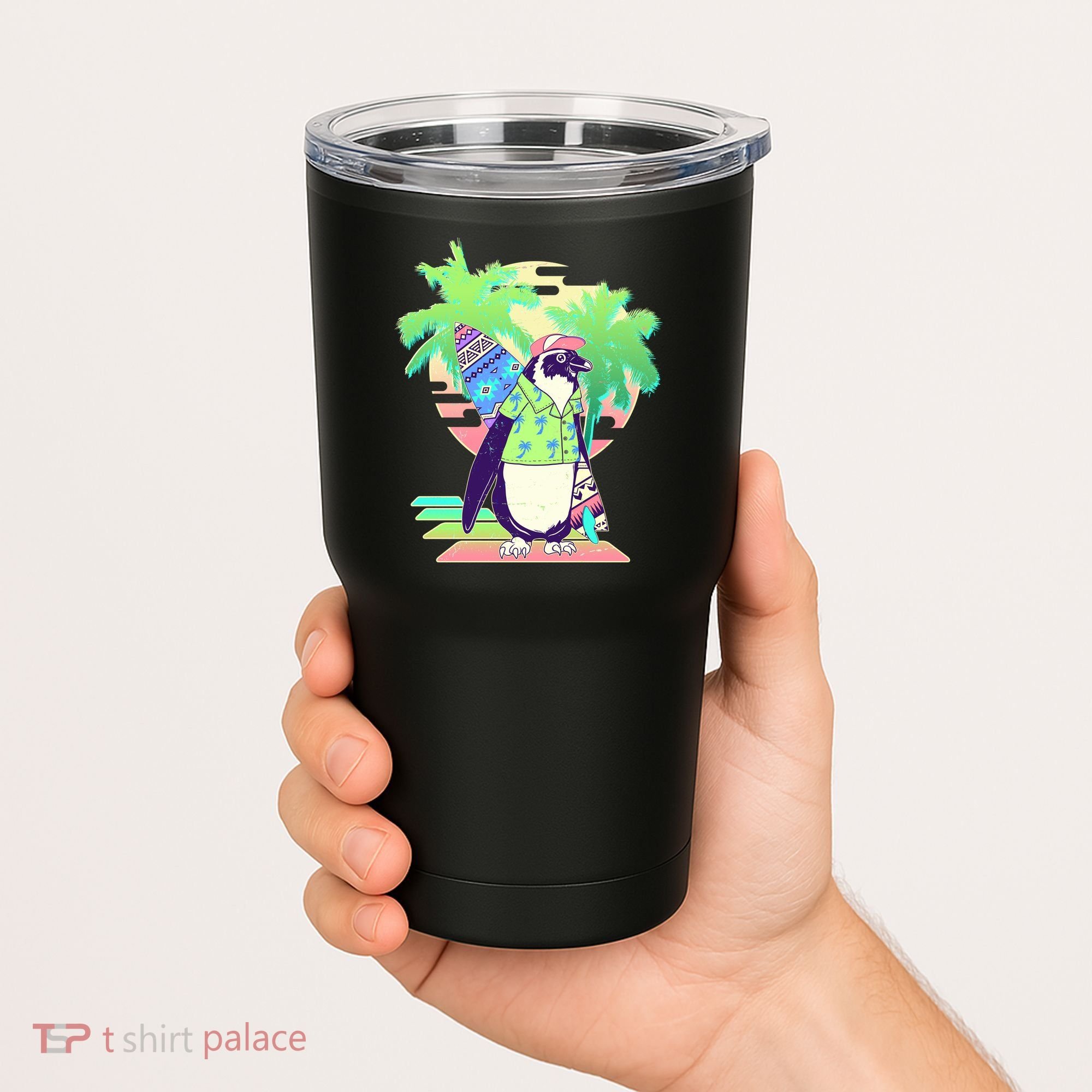 Retro 80's Tropical Surfer Penguin Tumbler