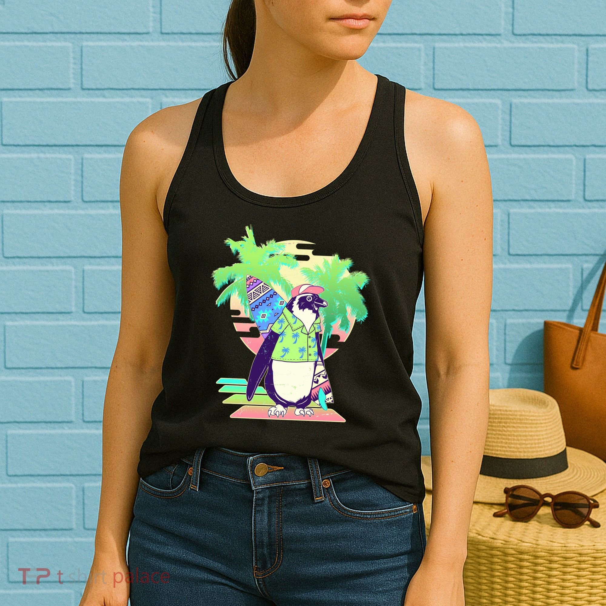 Retro 80's Tropical Surfer Penguin Women's Tank Top