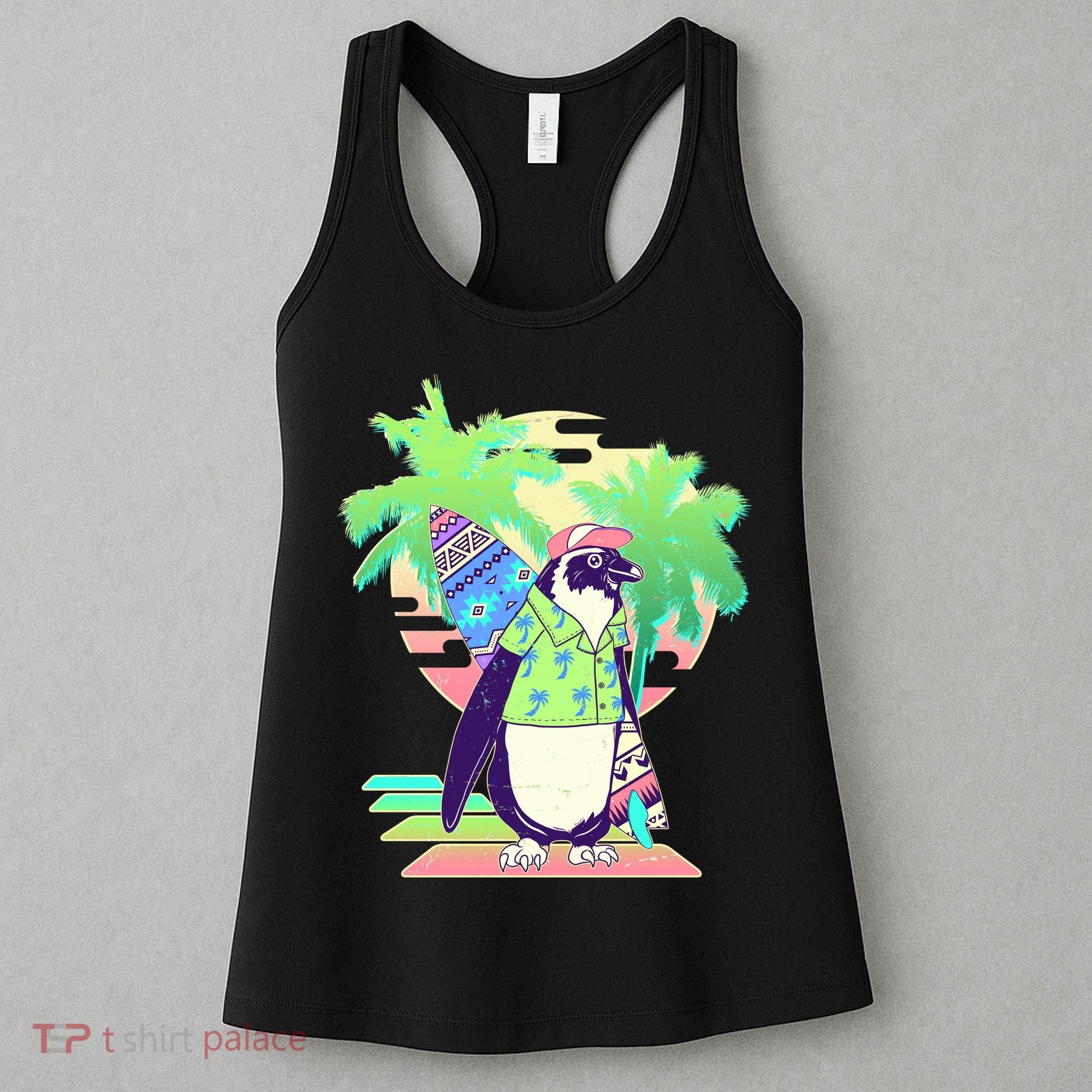 Retro 80's Tropical Surfer Penguin Women's Tank Top