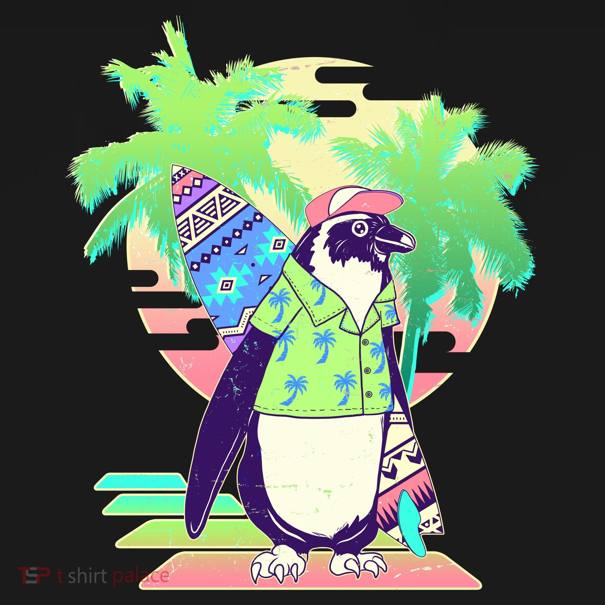 Retro 80's Tropical Surfer Penguin Baby Bodysuit
