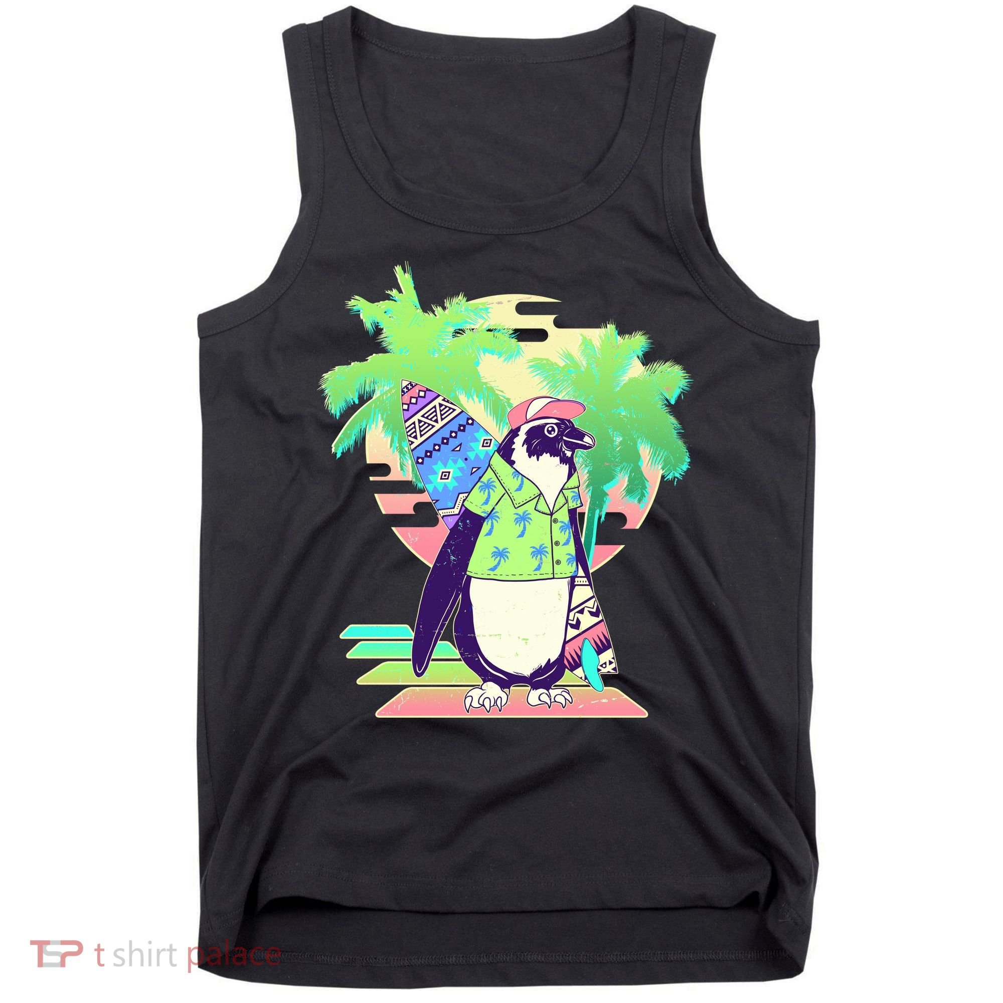 Retro 80's Tropical Surfer Penguin Tank Top