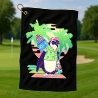 Retro 80's Tropical Surfer Penguin Golf Towel thumb 1