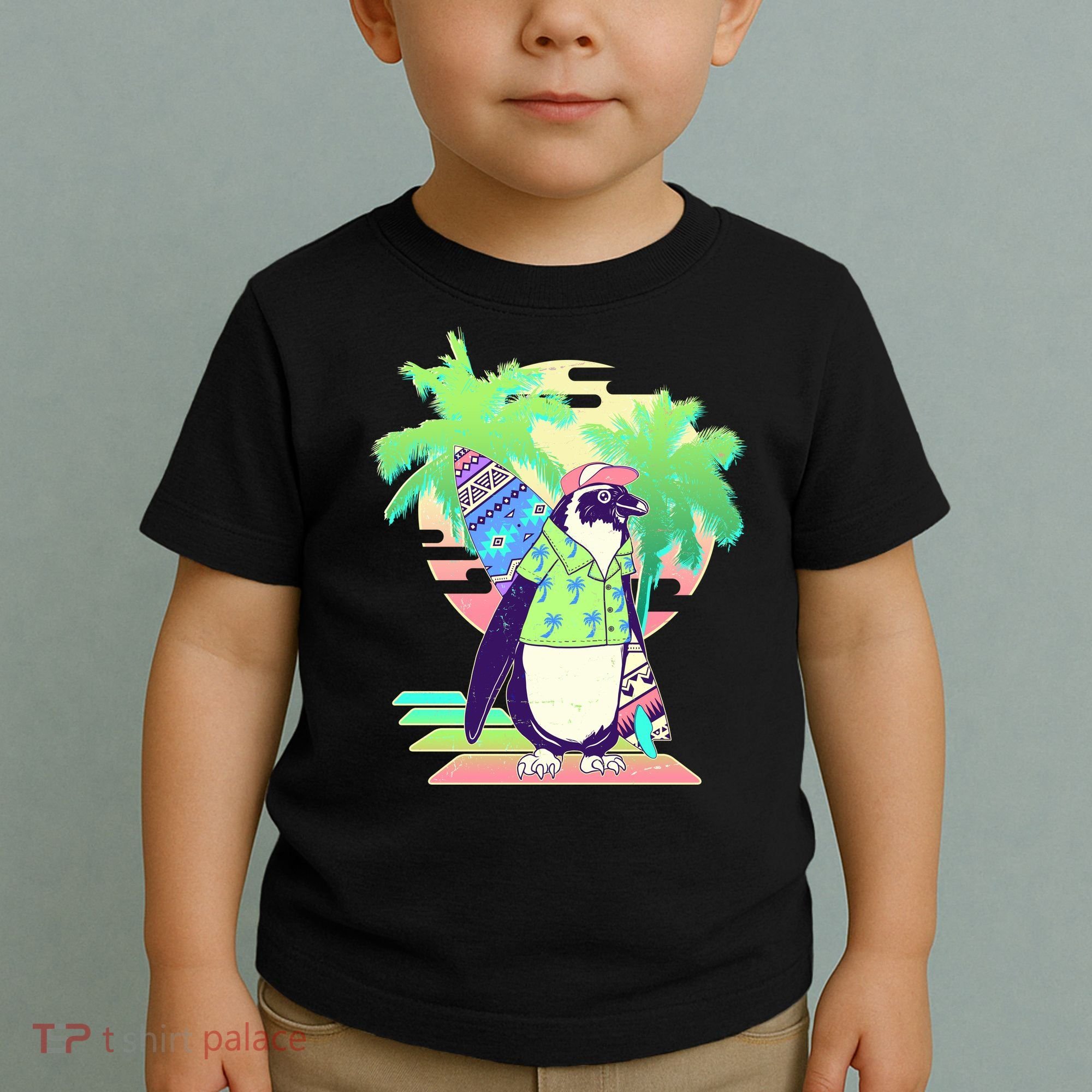 Retro 80's Tropical Surfer Penguin Toddler T-Shirt