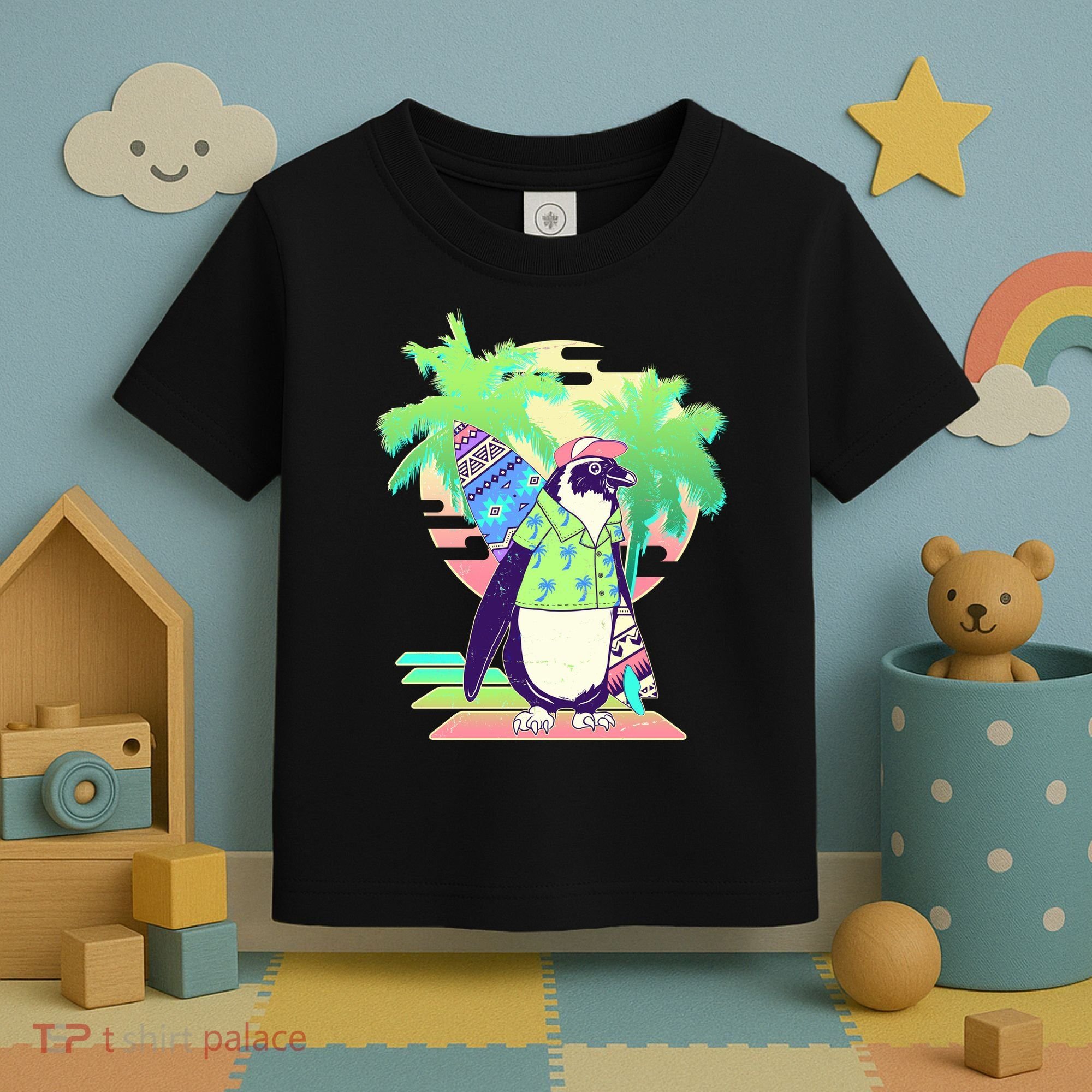 Retro 80's Tropical Surfer Penguin Toddler T-Shirt