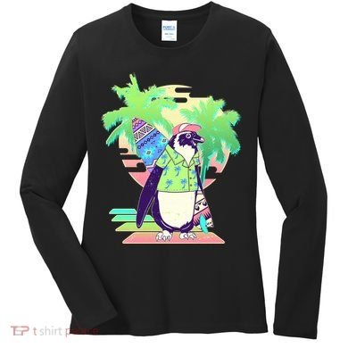 Retro 80's Tropical Surfer Penguin Women's Long Sleeve Shirt