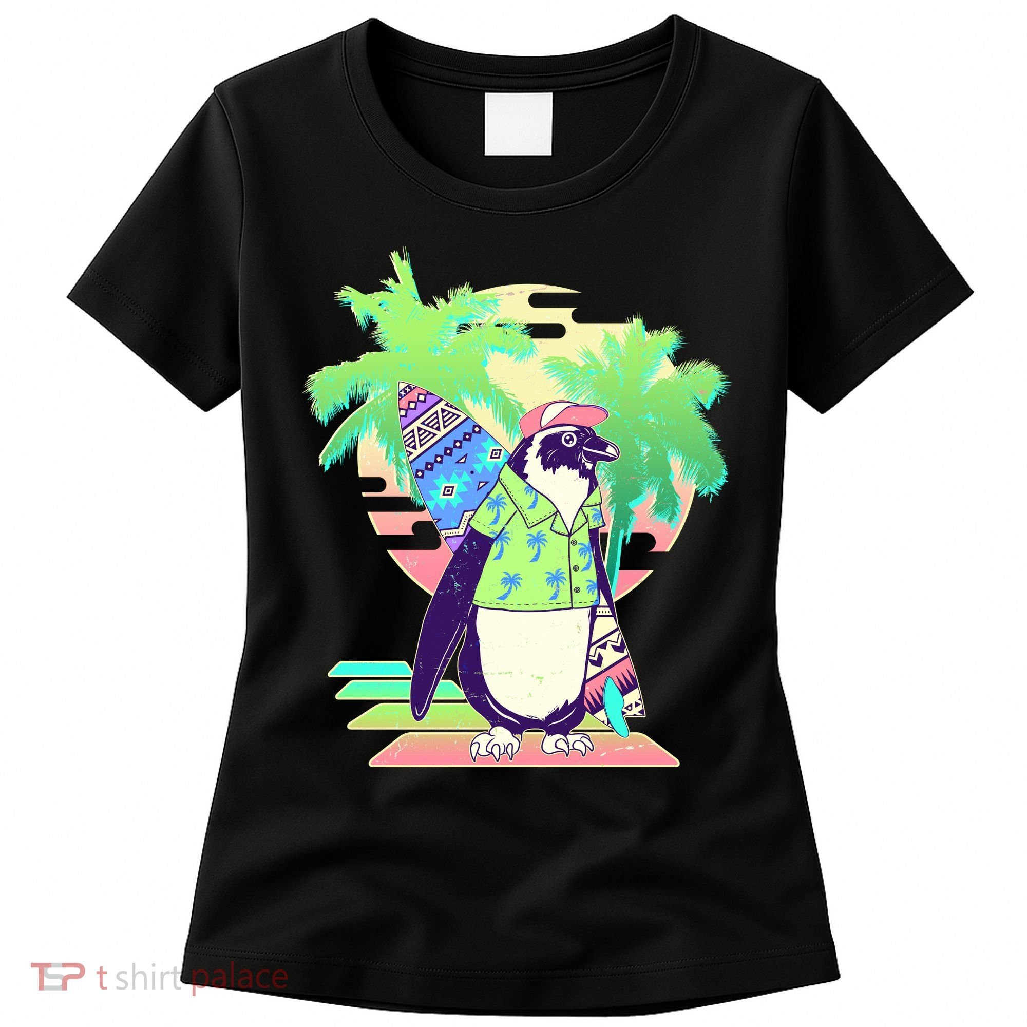 Retro 80's Tropical Surfer Penguin Women's T-Shirt