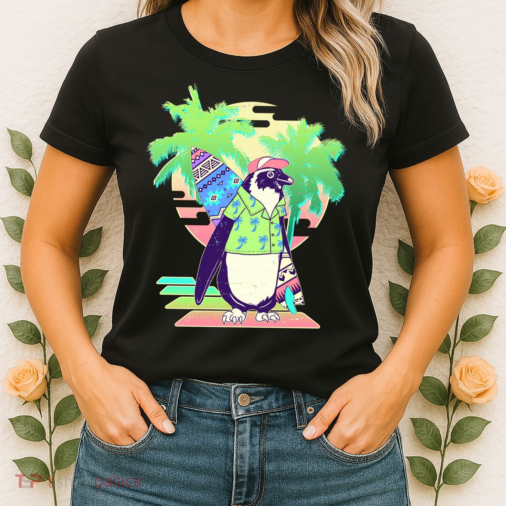 Retro 80's Tropical Surfer Penguin Women's T-Shirt