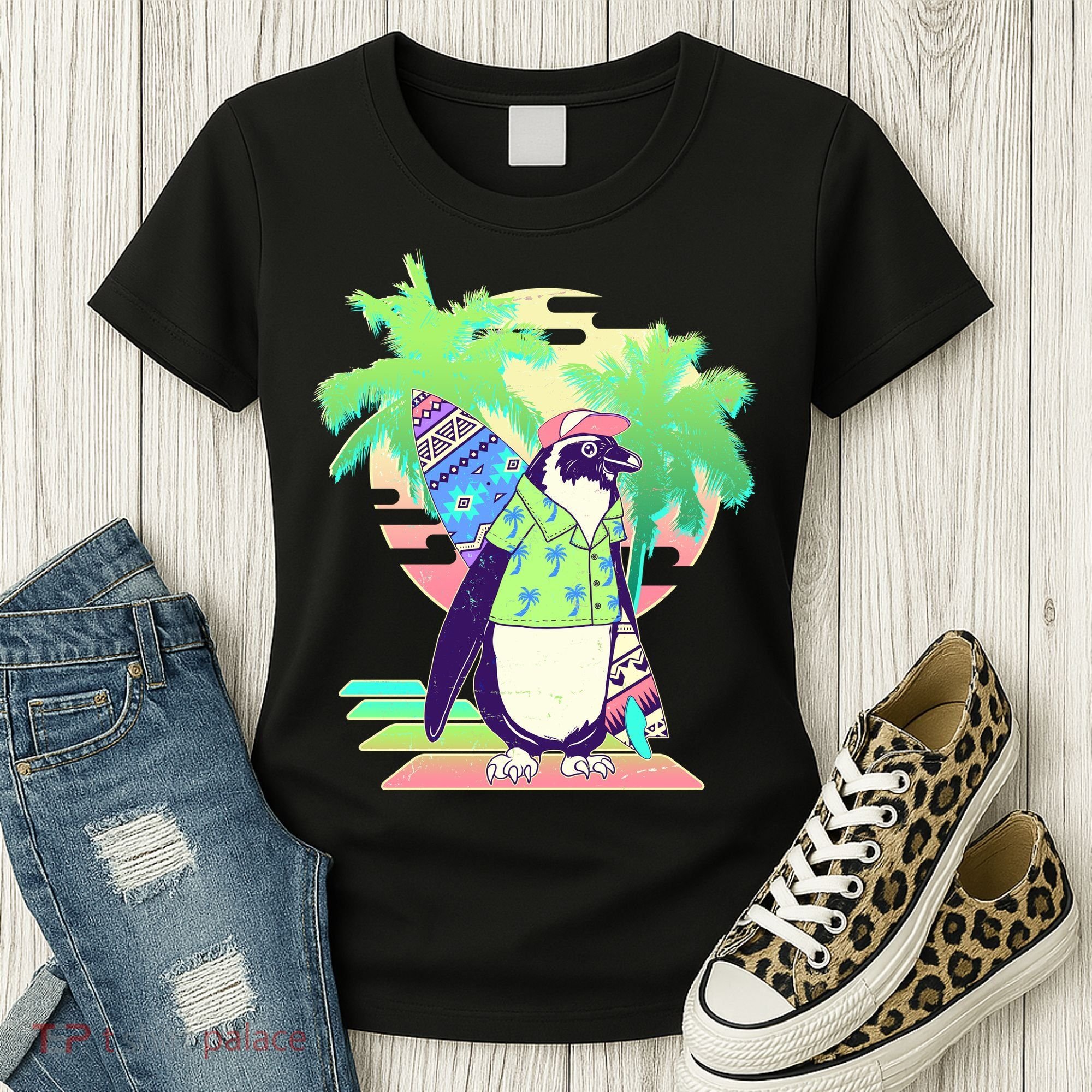 Retro 80's Tropical Surfer Penguin Women's T-Shirt