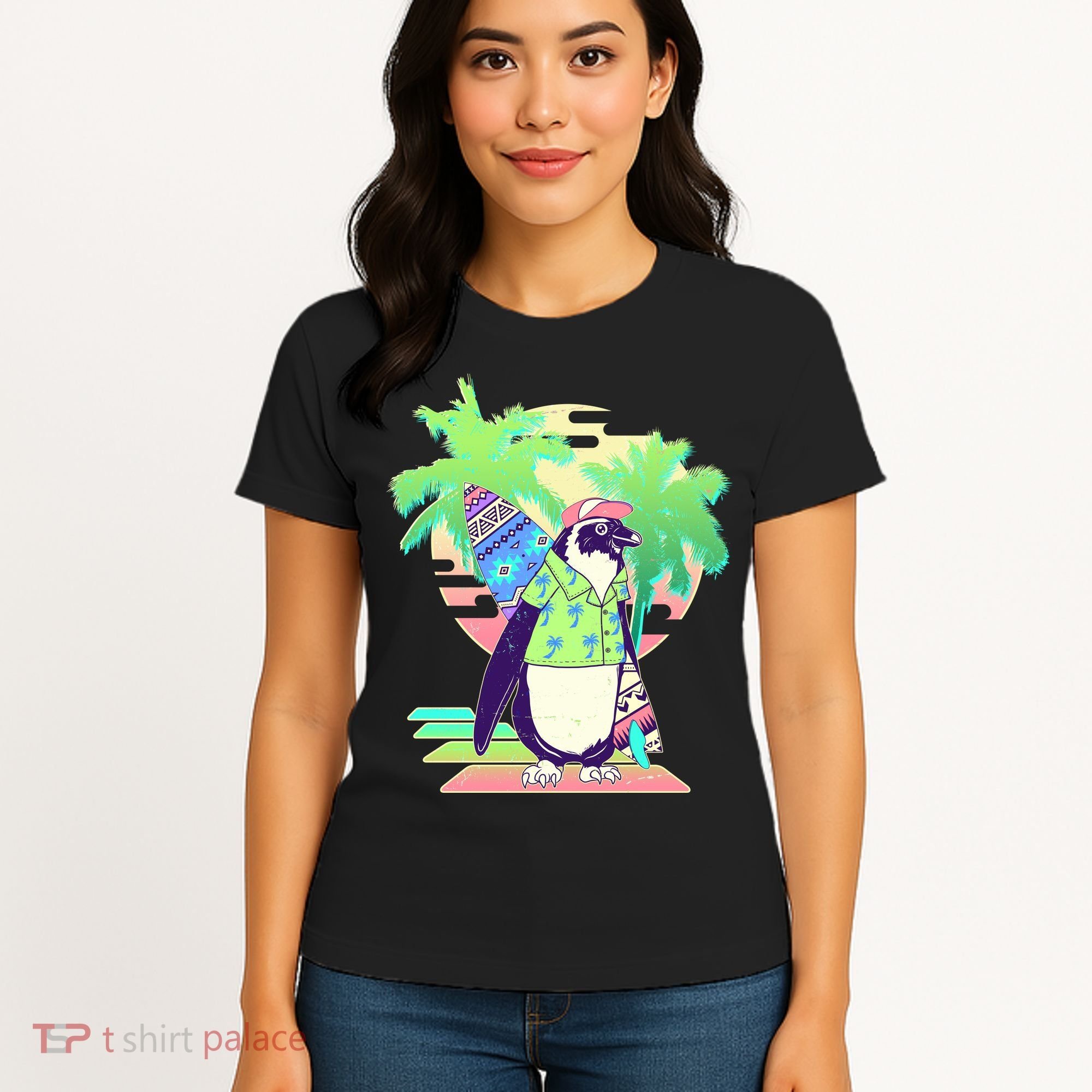 Retro 80's Tropical Surfer Penguin Women's T-Shirt