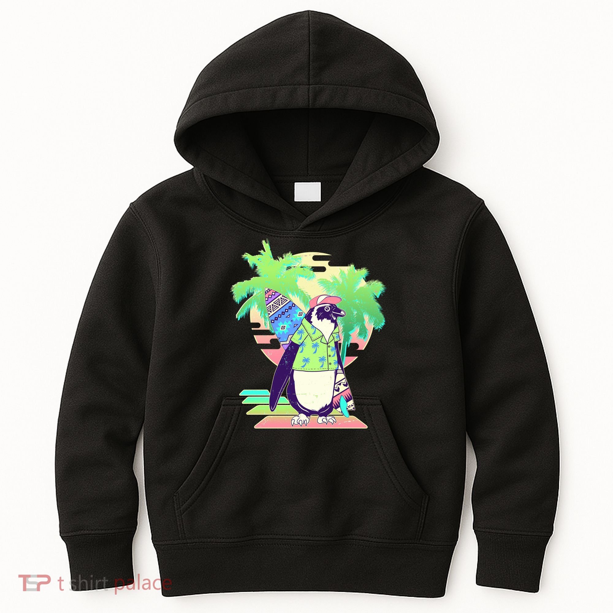 Retro 80's Tropical Surfer Penguin Kids Hoodie