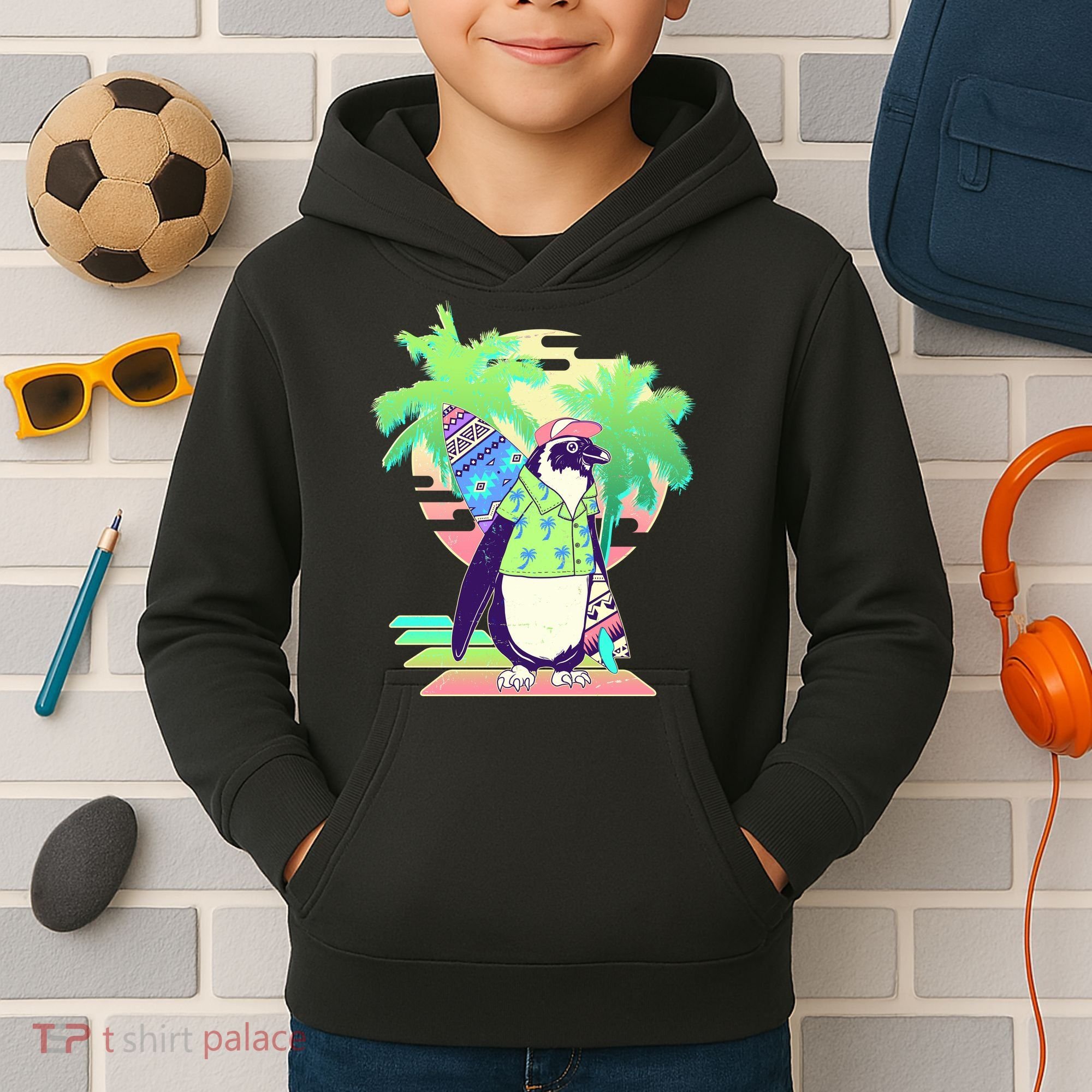 Retro 80's Tropical Surfer Penguin Kids Hoodie
