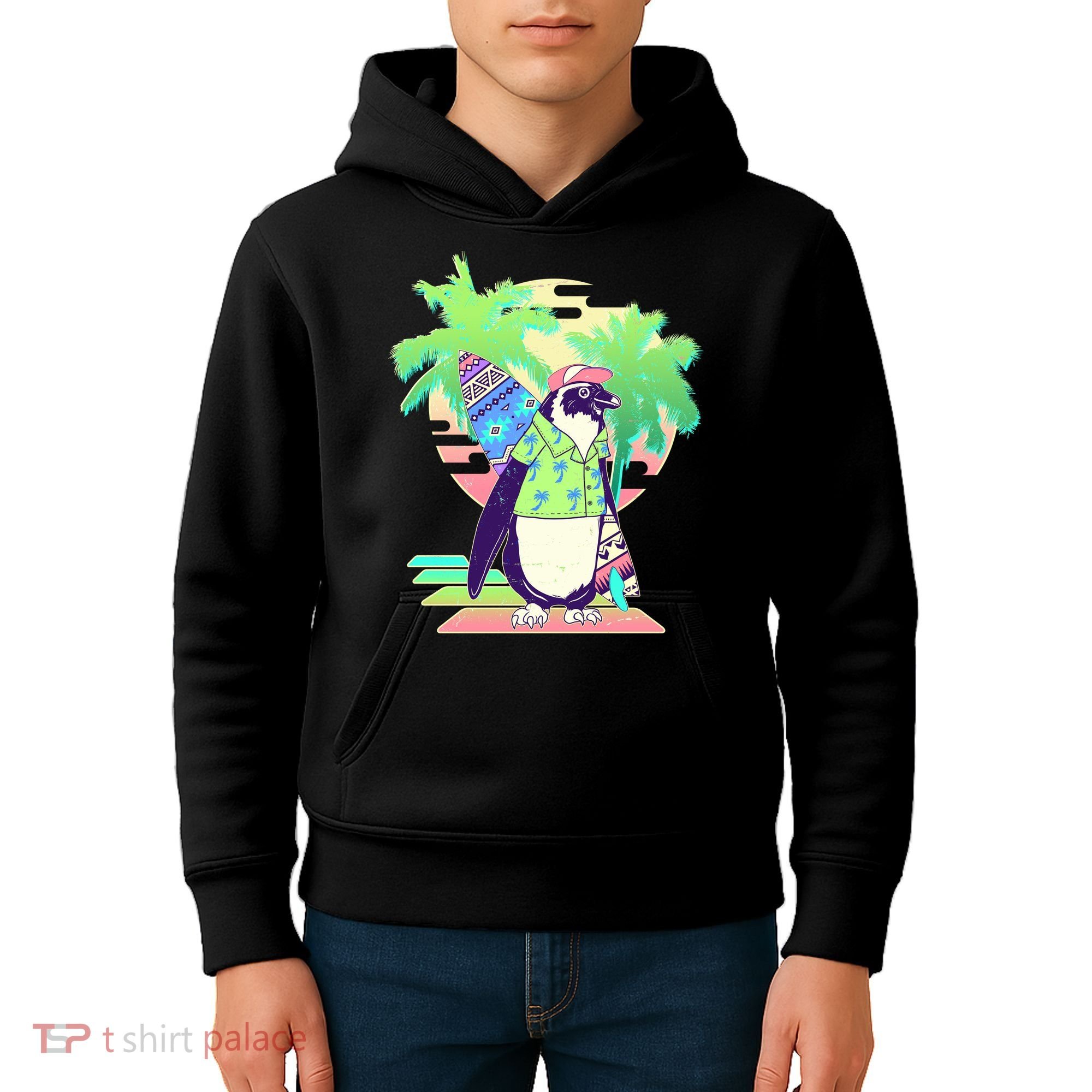 Retro 80's Tropical Surfer Penguin Kids Hoodie