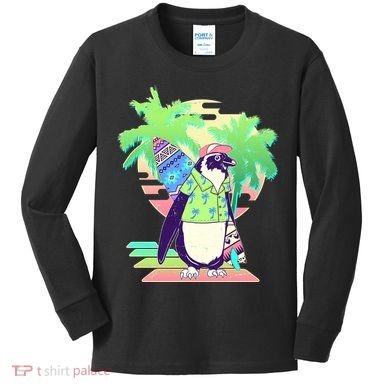 Retro 80's Tropical Surfer Penguin Kids Long Sleeve Shirt