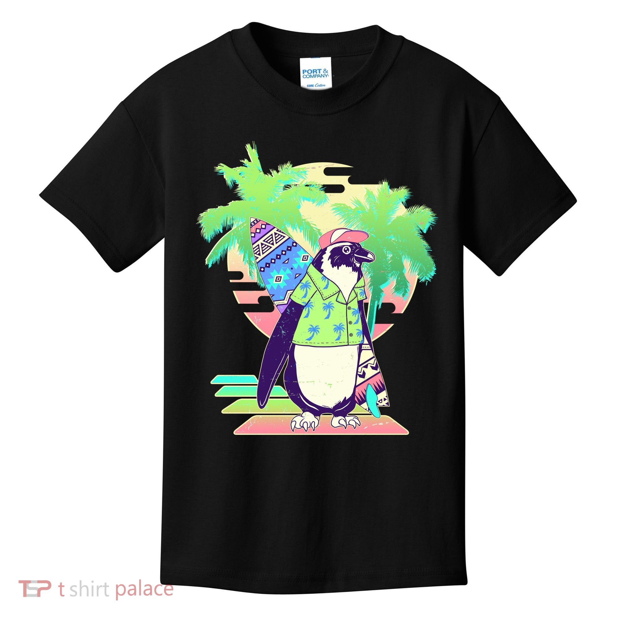 Retro 80's Tropical Surfer Penguin Kids T-Shirt