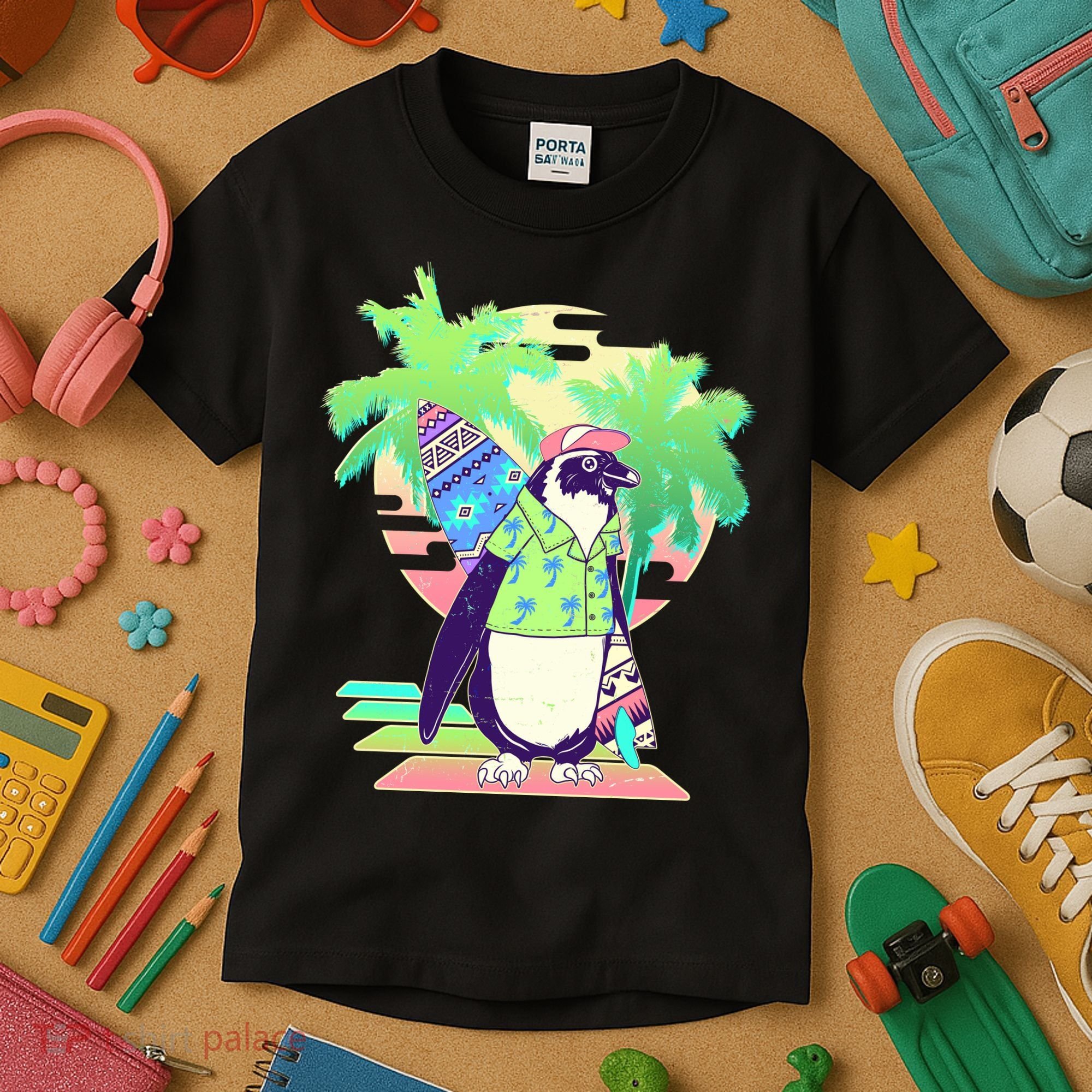 Retro 80's Tropical Surfer Penguin Kids T-Shirt