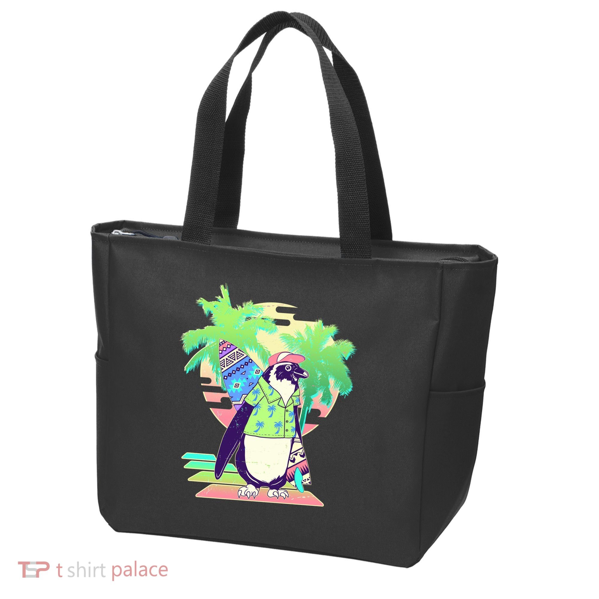 Retro 80's Tropical Surfer Penguin Tote Bag