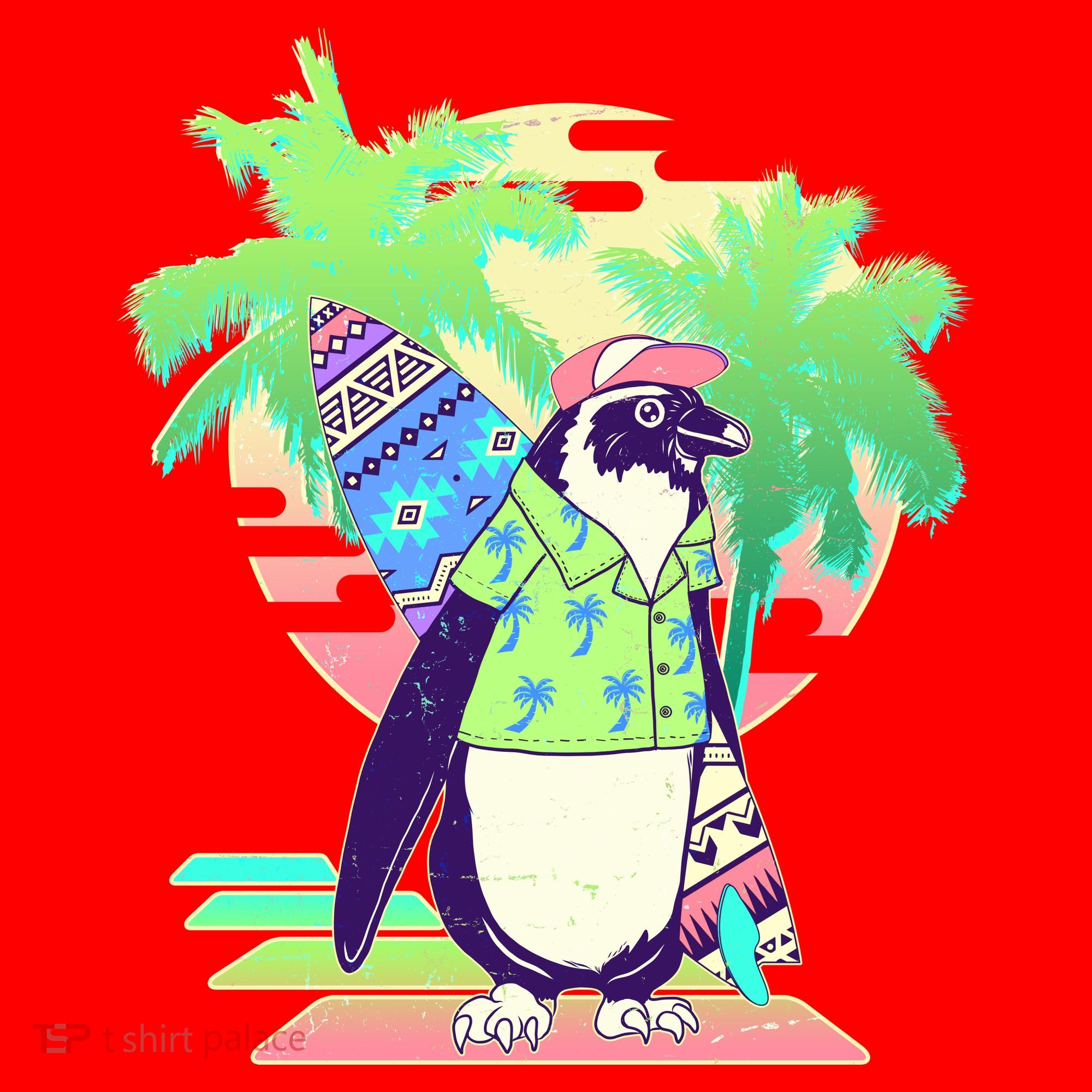 Retro 80's Tropical Surfer Penguin Santa Hat