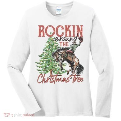 Rockin' Around Christmas Tree Cowboy Xmas Design Women's Long Sleeve Shirt