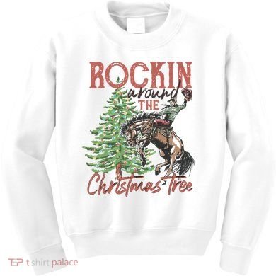 Rockin' Around Christmas Tree Cowboy Xmas Design Kids Sweatshirt